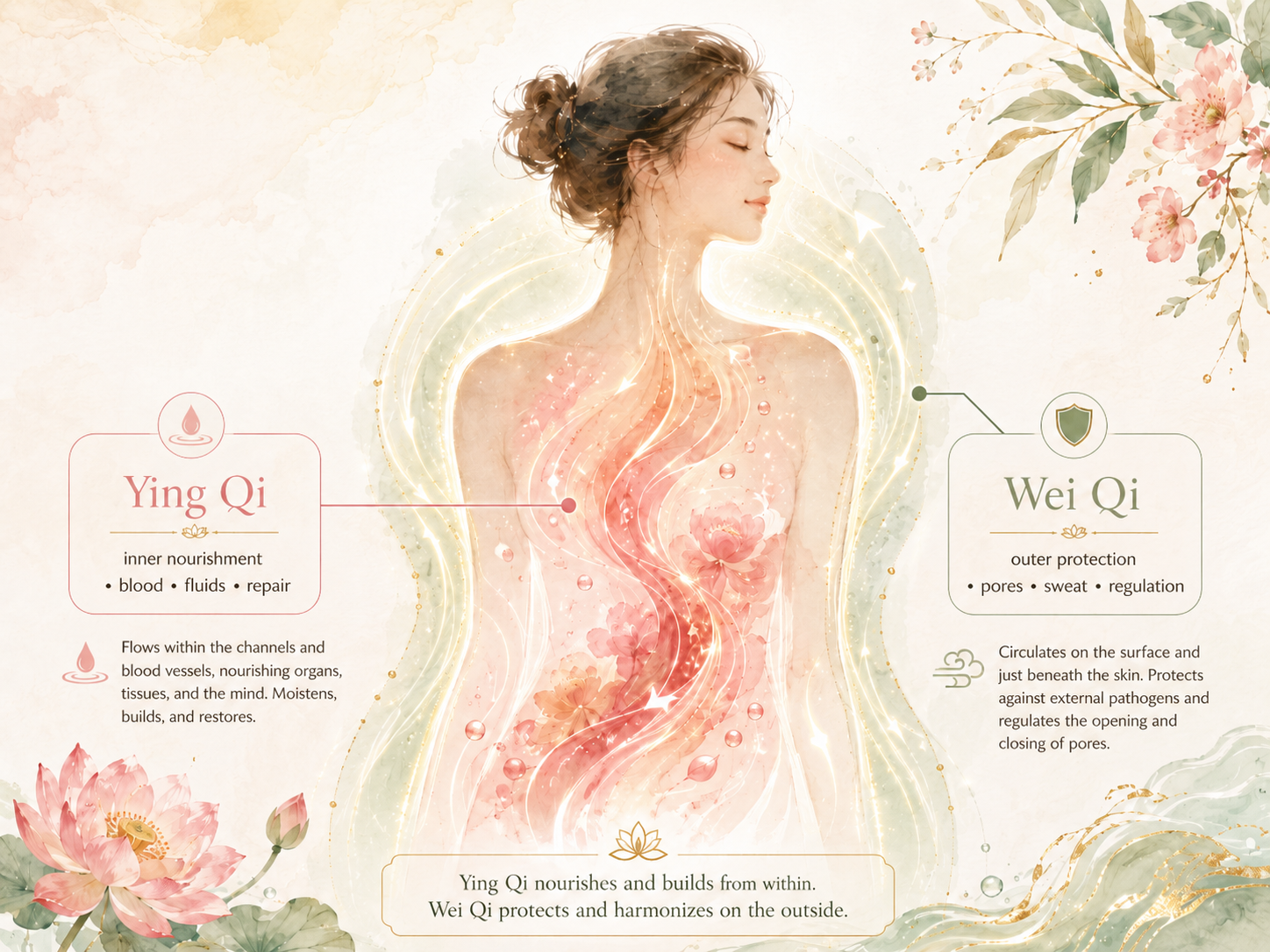 Abstract illustration of Ying Qi and Wei Qi balance for skin health