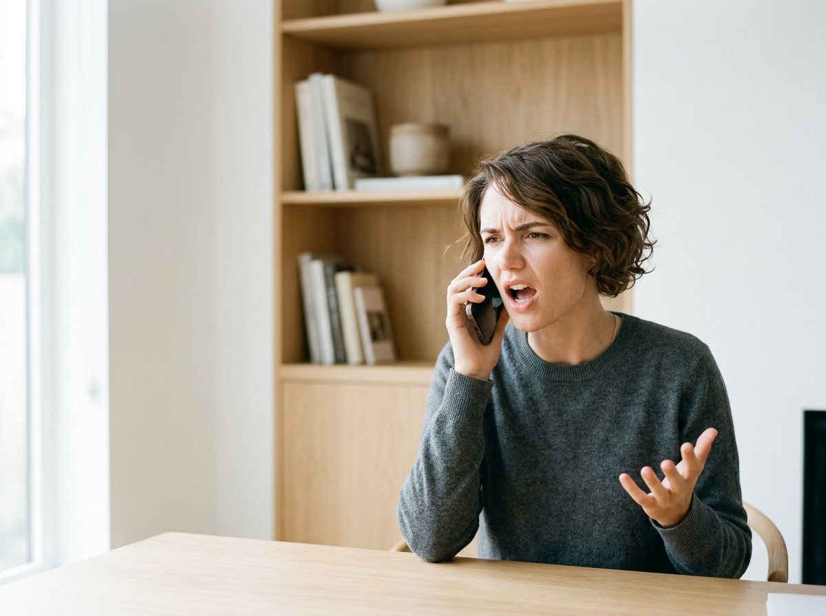 Irritated perimenopausal woman arguing on the her cell phone
