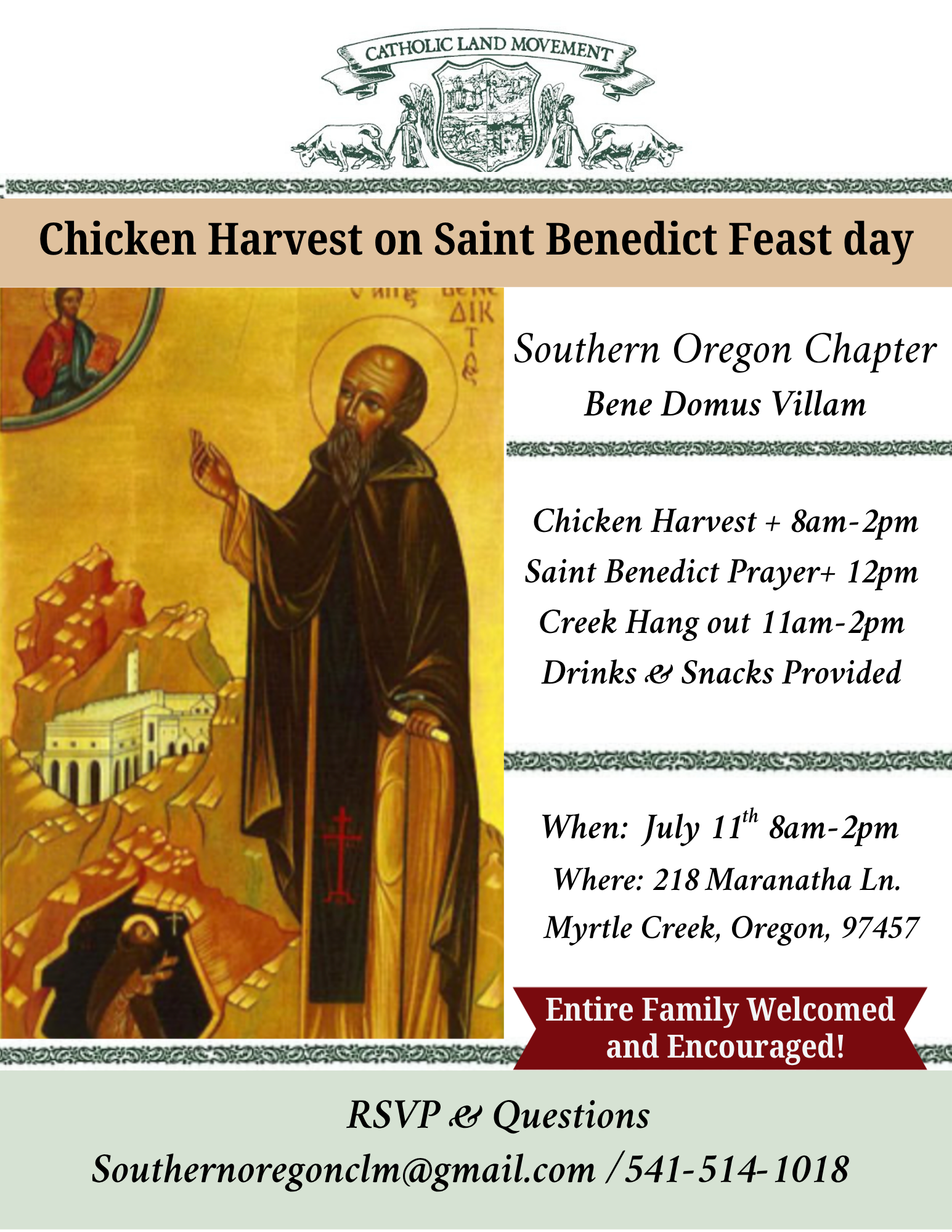 Chicken Harvest S. Benedict feast South Oregon