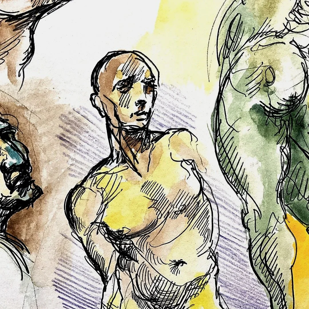 pen drawing of figure with hatching and yellow