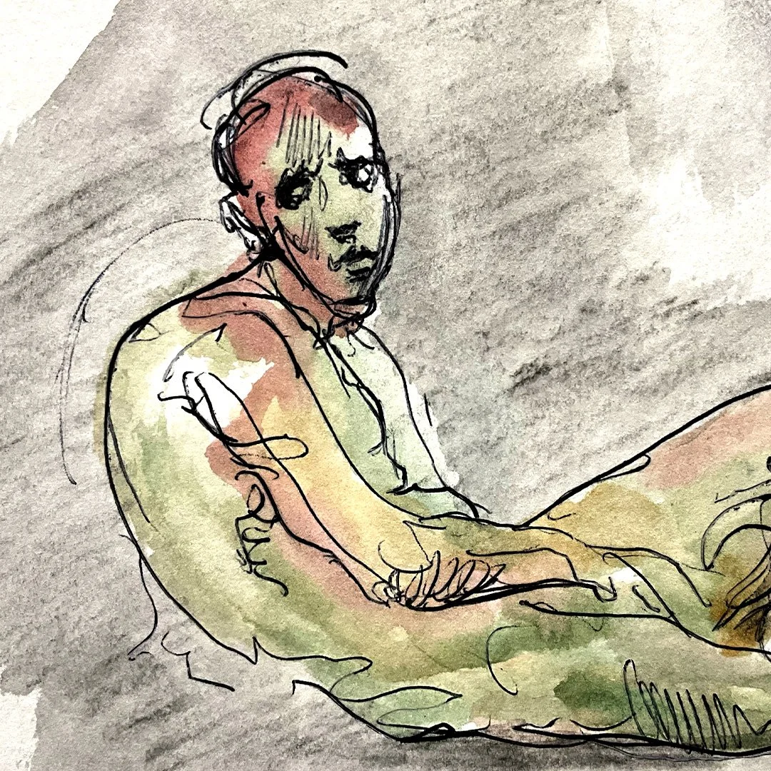 upset figure drawing looking to the side green