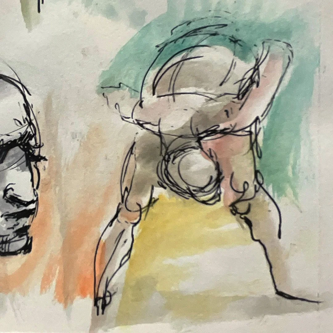figure drawing leaning forward with watercolor