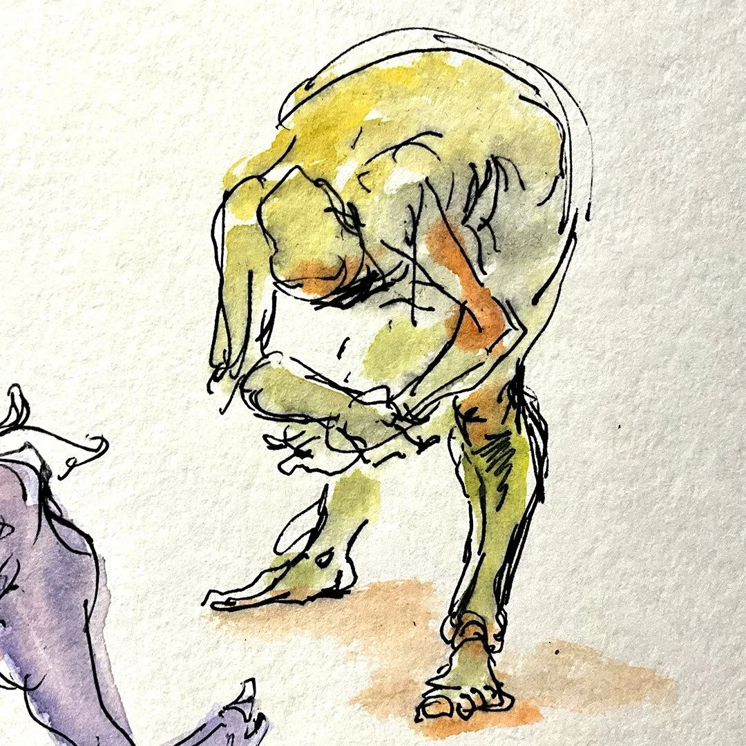 yellow figure leaning forward to the left