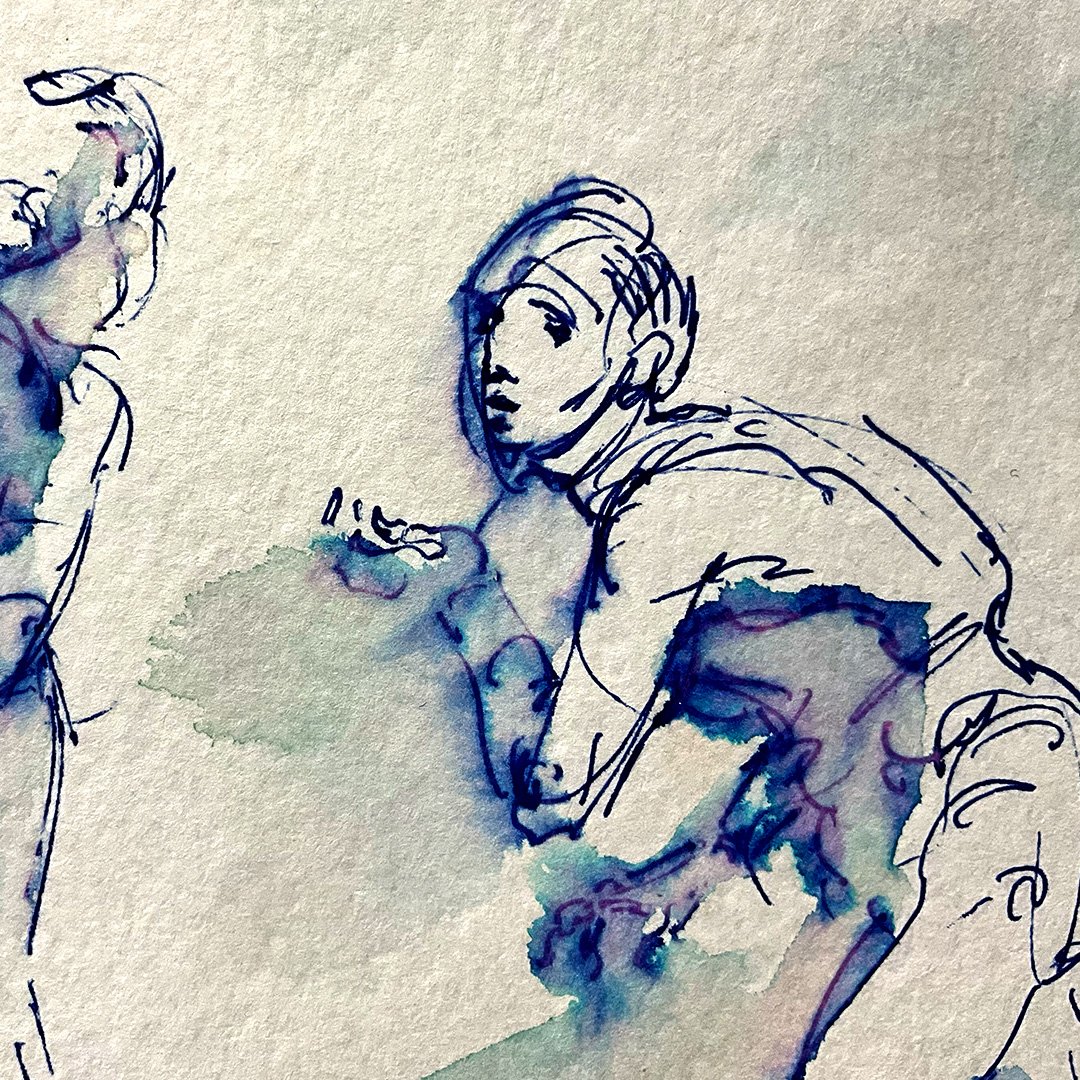 blue pen and wash figure drawing crouching