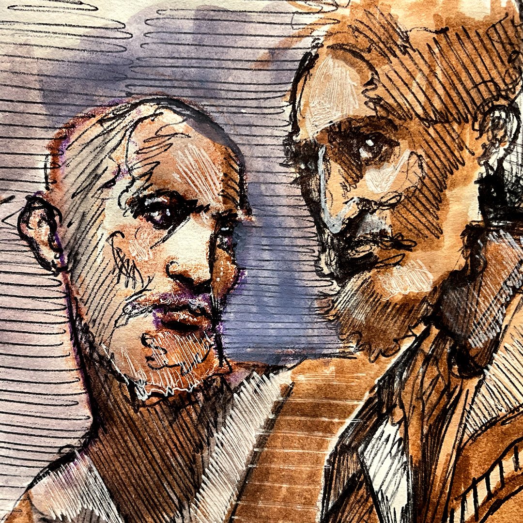pen and wash drawing of two male heads