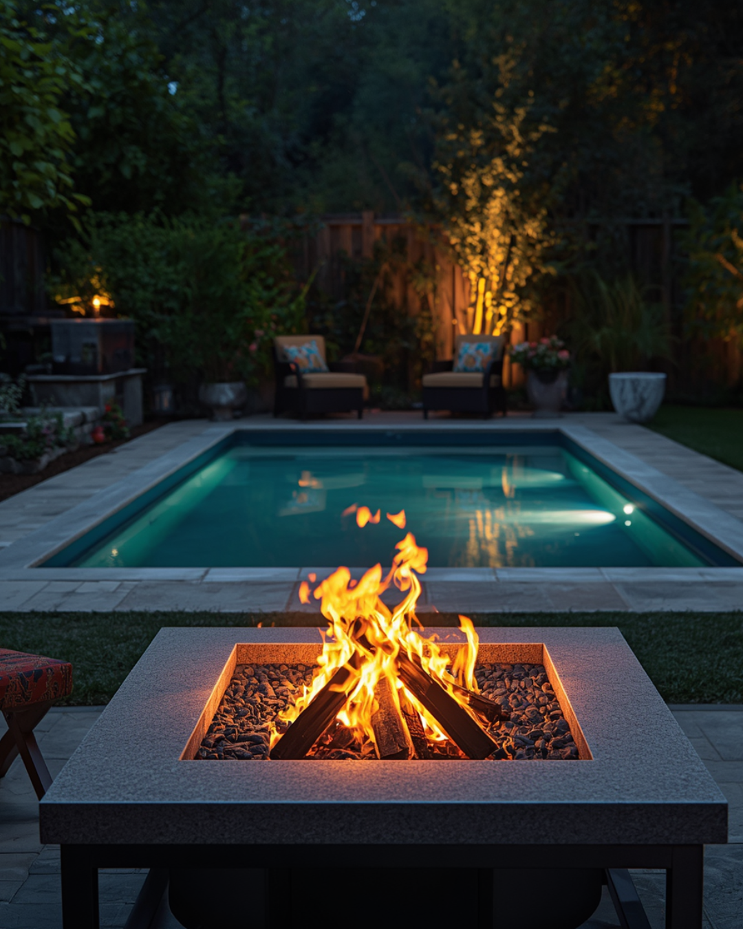 Firepit next to pool at dusk
