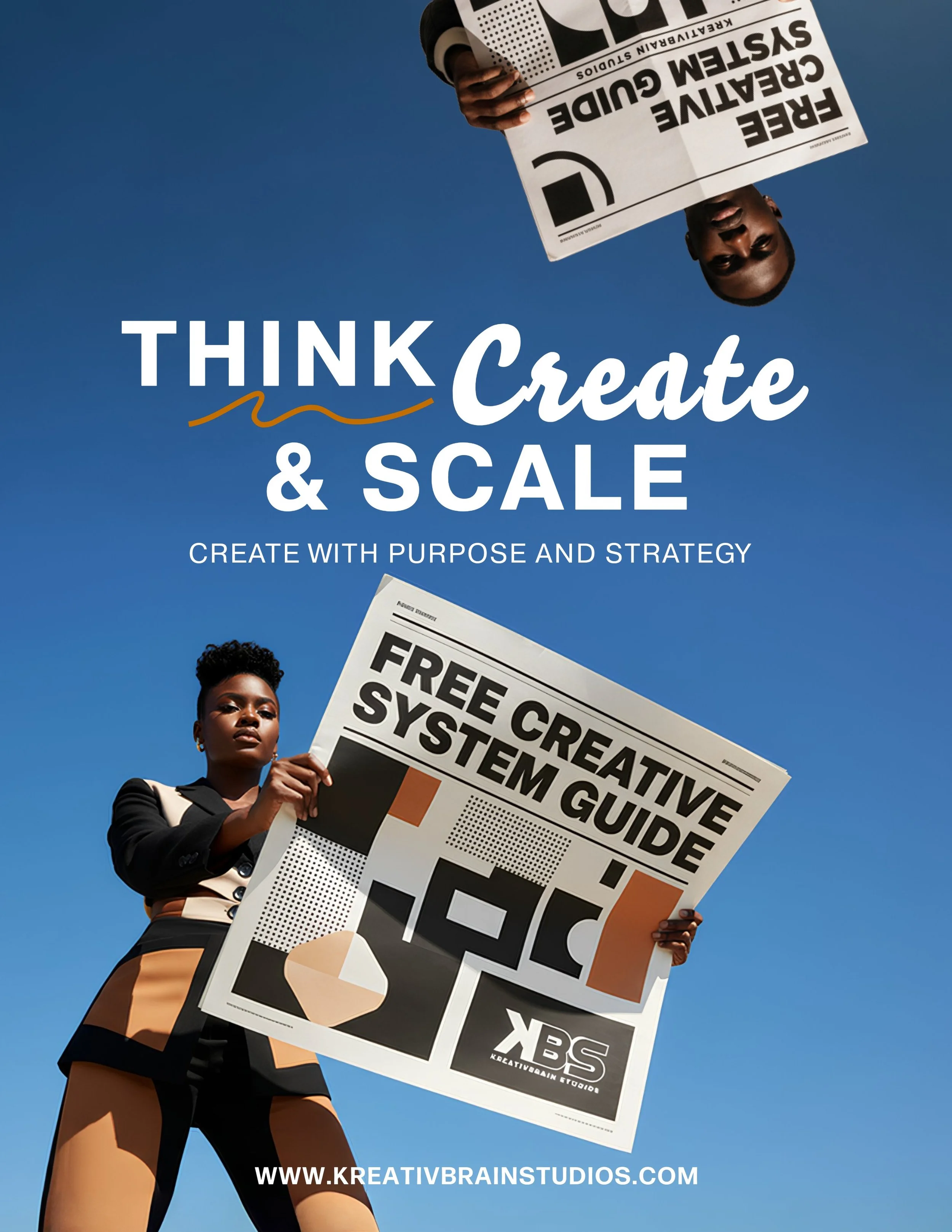 A woman holding a large sign at an outdoor protest or rally against a clear blue sky. The sign reads 'FREE CREATIVve SYSTEM GUIDE' and the woman is dressed in a black blazer and beige pants with black accents. The text 'THINK Create & SCALE' is overlaid on the image with a website address at the bottom.