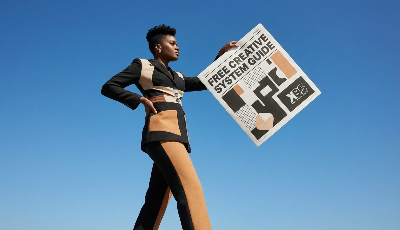 A woman in a black, beige, and brown color-block suit standing outdoors against a clear blue sky, holding a large graphic print with bold text that reads "FREE CREATIVE SYSTEM GUIDE."