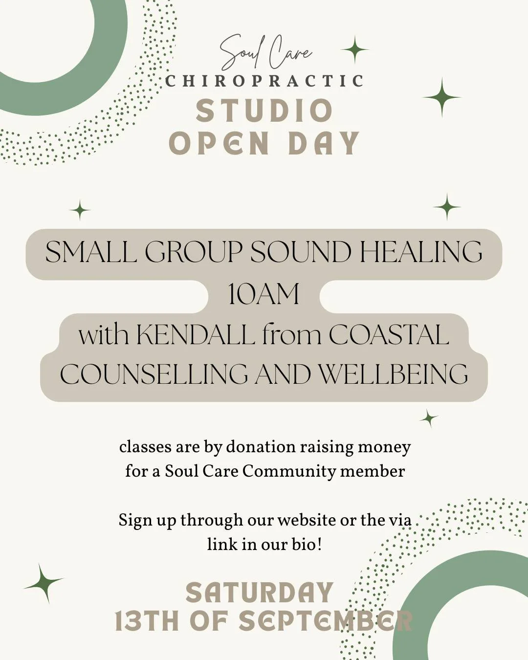🎉To celebrate our new Soul Care Studio, we're hosting workshops and classes just for you!

Join Kendall from @_coastalcounsellingwellbeing_ for this Group Sound Healing.  Harnesses the power of vibrations to promote well-being and balance in both th