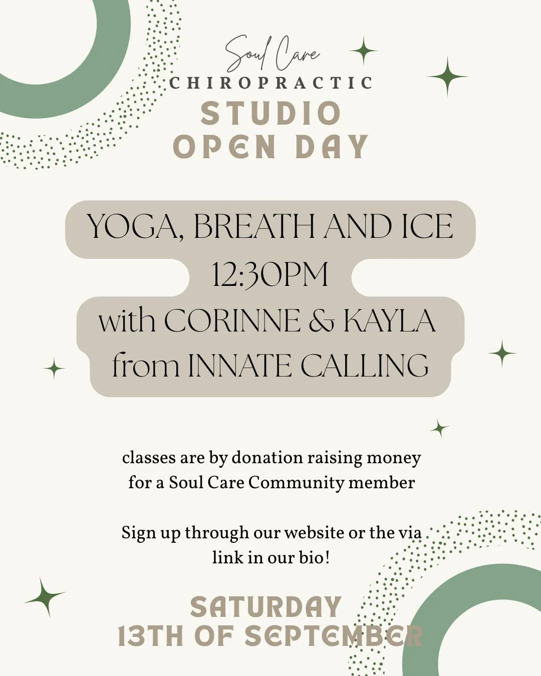 🎉JOIN US AS WE CELEBRATE OUR NEW STUDIO SPACE!🎉
To showcase all the space can offer we are offering a range of different classes just for you all just for a donation - raising money for an amazing member of the Soul Care Community. 

YOGA 🧘&zwj;♀️