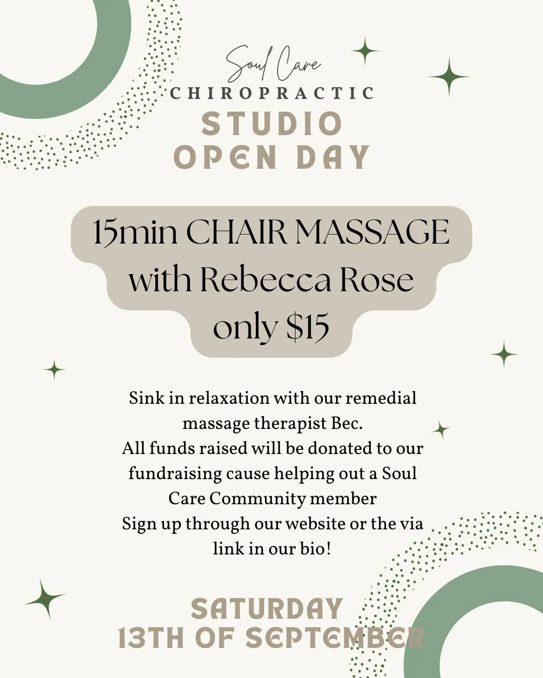 Join us this SATURDAY SEPTEMBER 13th to CELEBRATE OUR NEW STUDIO SPACE!

We want to showcase all that Soul Care has to offer, a place for true nervous system based regulation and holistic health care 

Start your weekend by sinking into relaxation wi