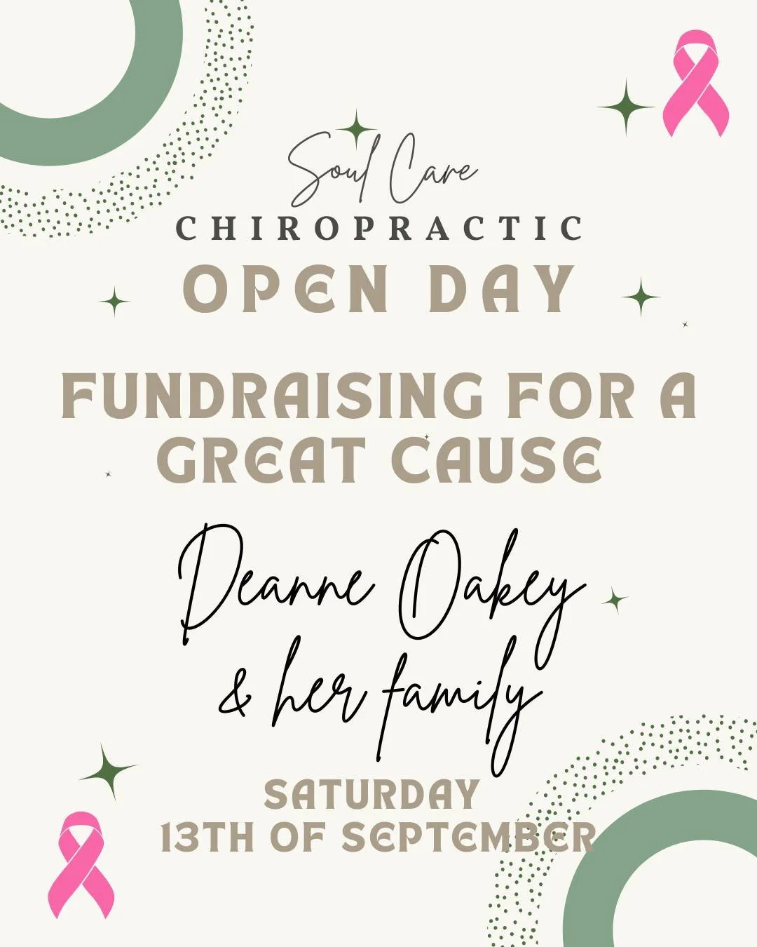 Join us THIS SATURDAY 13th SEPTEMBER as we celebrate our new studio space whilst fundraising for a great cause!

All funds raised from our large range of classes on offer will support Deanne Oakey. 
Deanne has been a Soul Care Chiropractic patient si