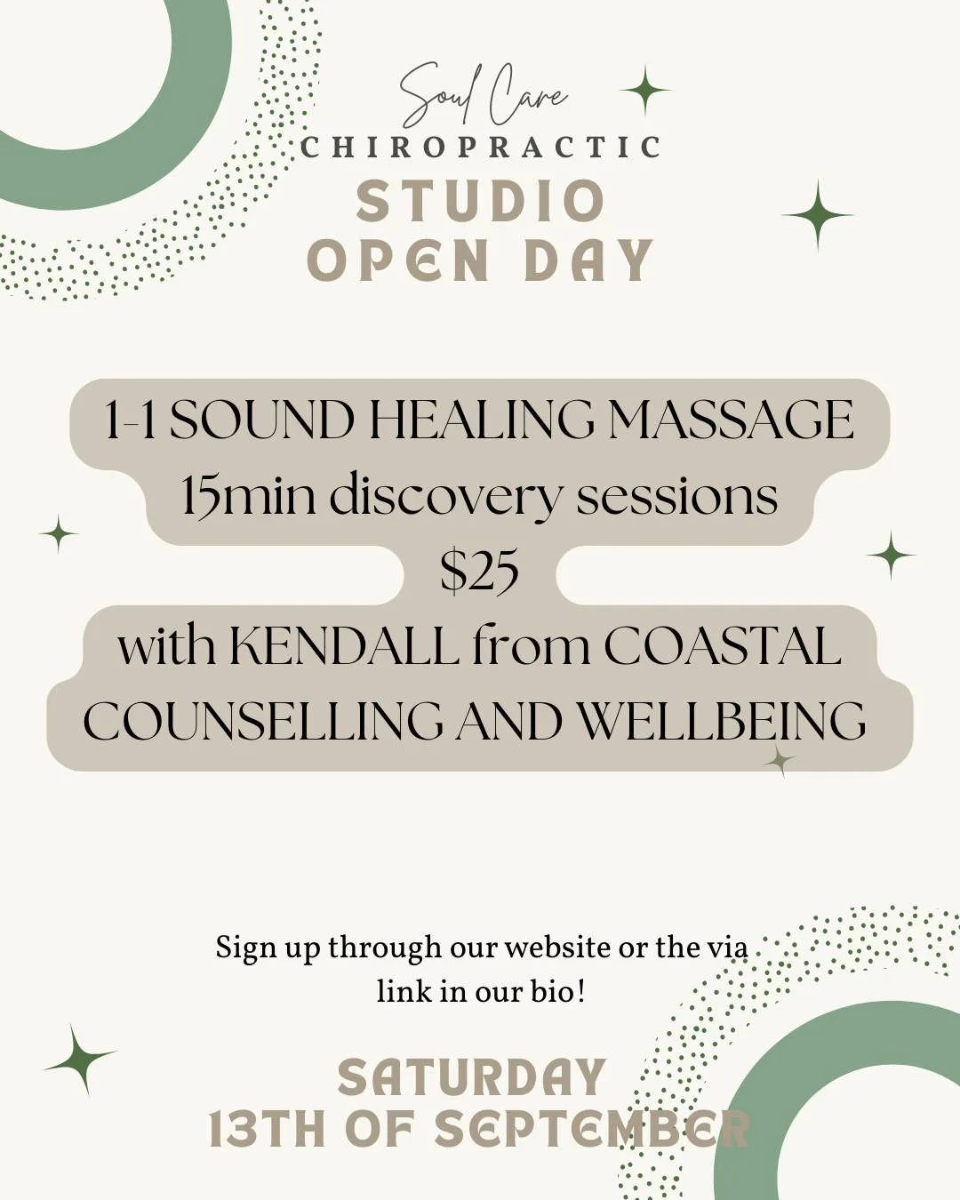 Join us SATURDAY 13TH SEPTEMBER to celebrate all things Soul Care!

To celebrate our new studio space we want to showcase what we can offer and why Soul Care Chiropractic is a place for holistic nervous system care. 

Discover something new with all 