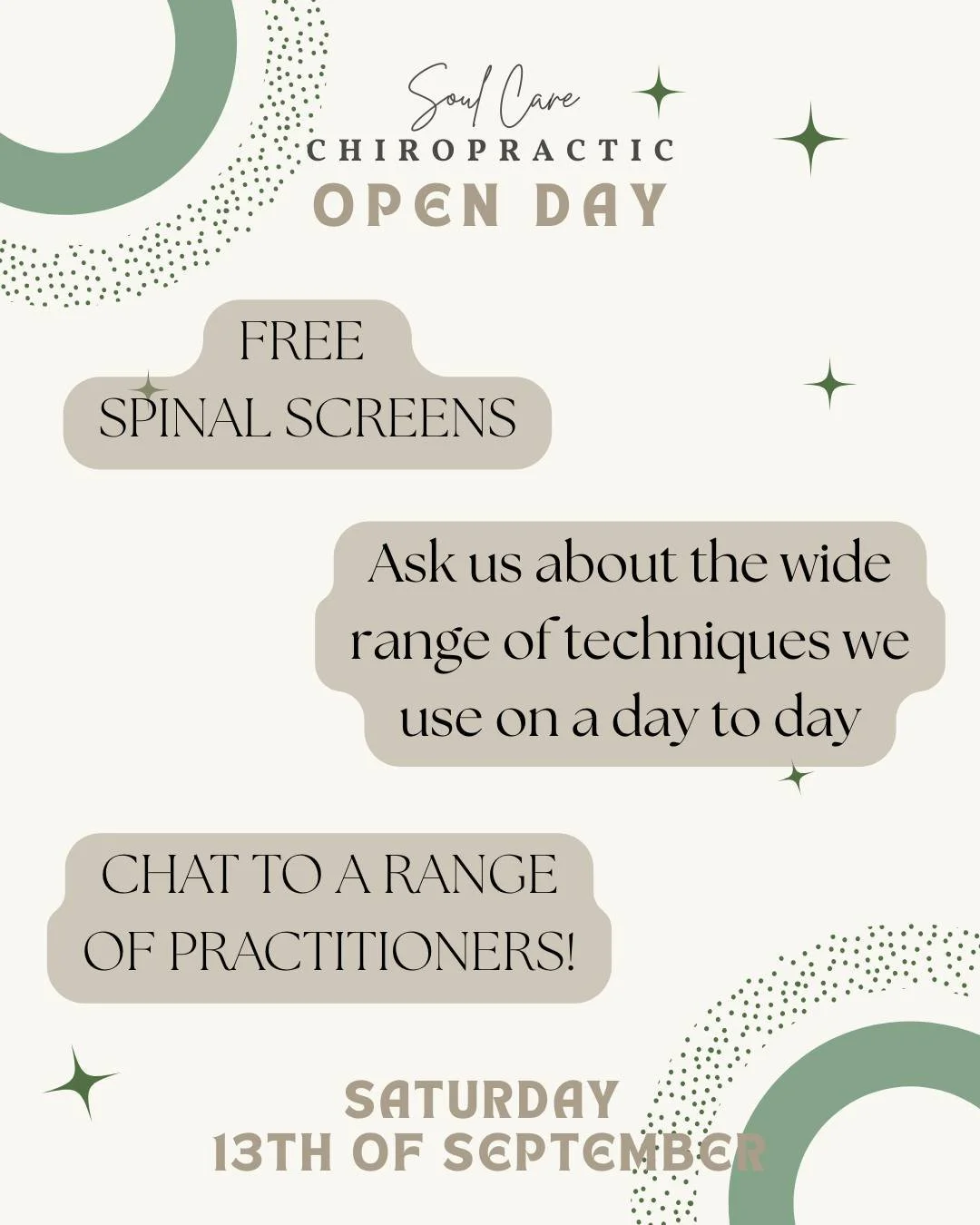 JOIN US THIS SATURDAY TO CELEBRATE OUR NEW SOUL CARE STUDIO!

Soul Care Chiropractic is dedicated to delivering true holistic health care and nervous-system based wellness to YOU, your family and the whole south west community. 

We want to show case