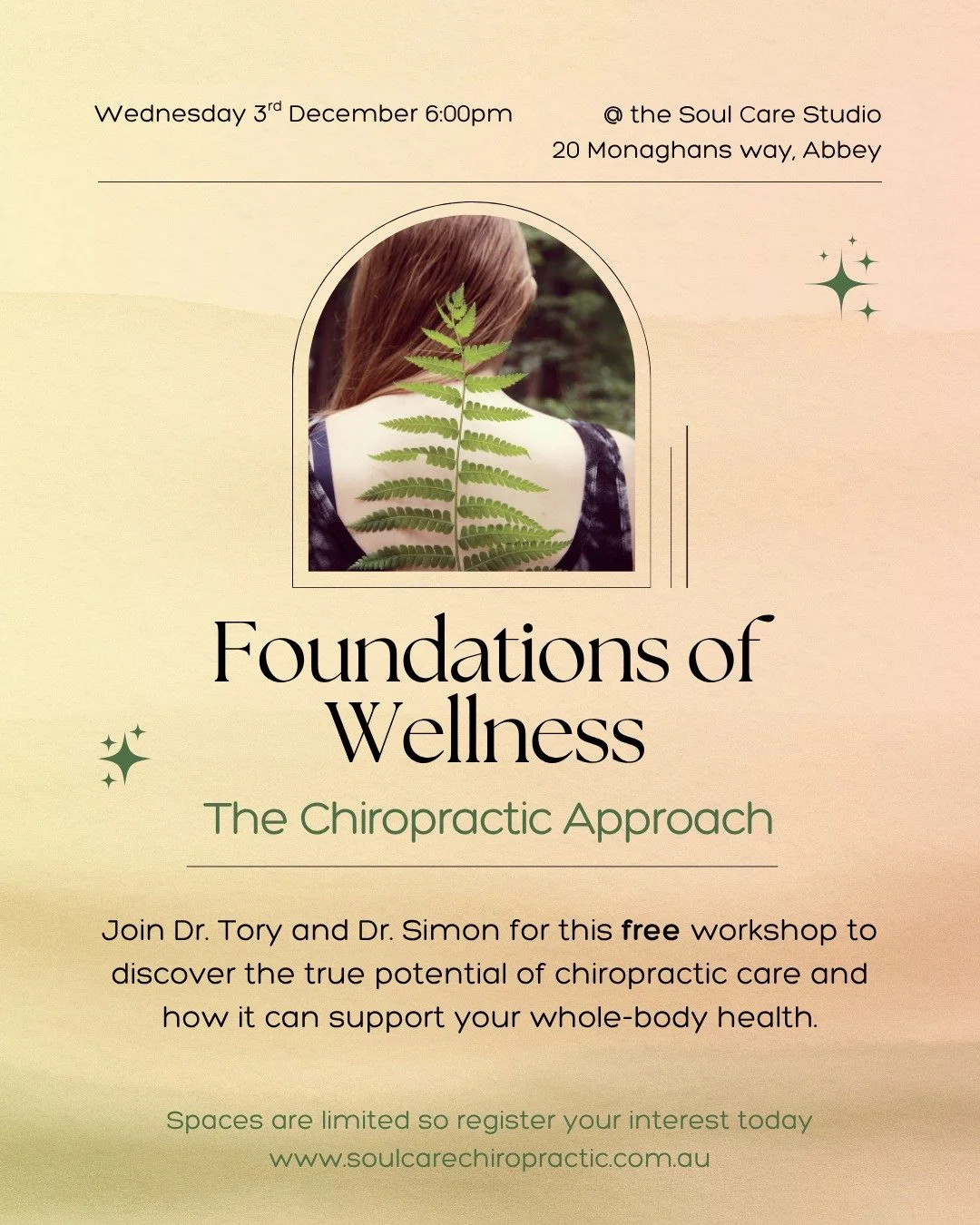 JOIN OUR LATEST FREE WORKSHOP IN THE STUDIO!

At Soul Care Chiropractic, education and empowerment are at the heart of what we do. We believe that understanding your health&mdash;and confidently taking the reins&mdash;is one of the most powerful ways