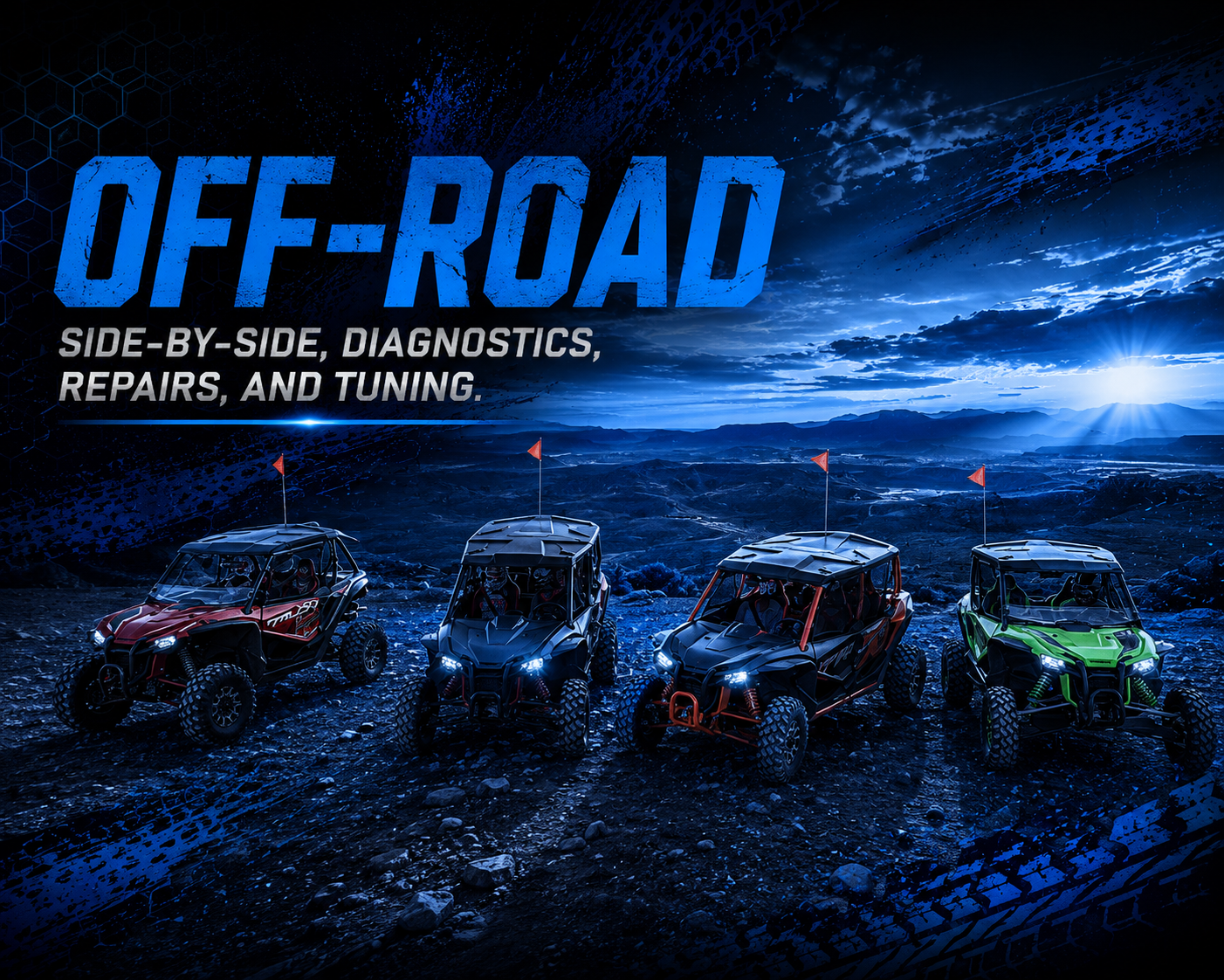 Four off-road vehicles parked on a dirt trail overlooking a vast landscape with mountains in the distance, under a partly cloudy sky at sunset.