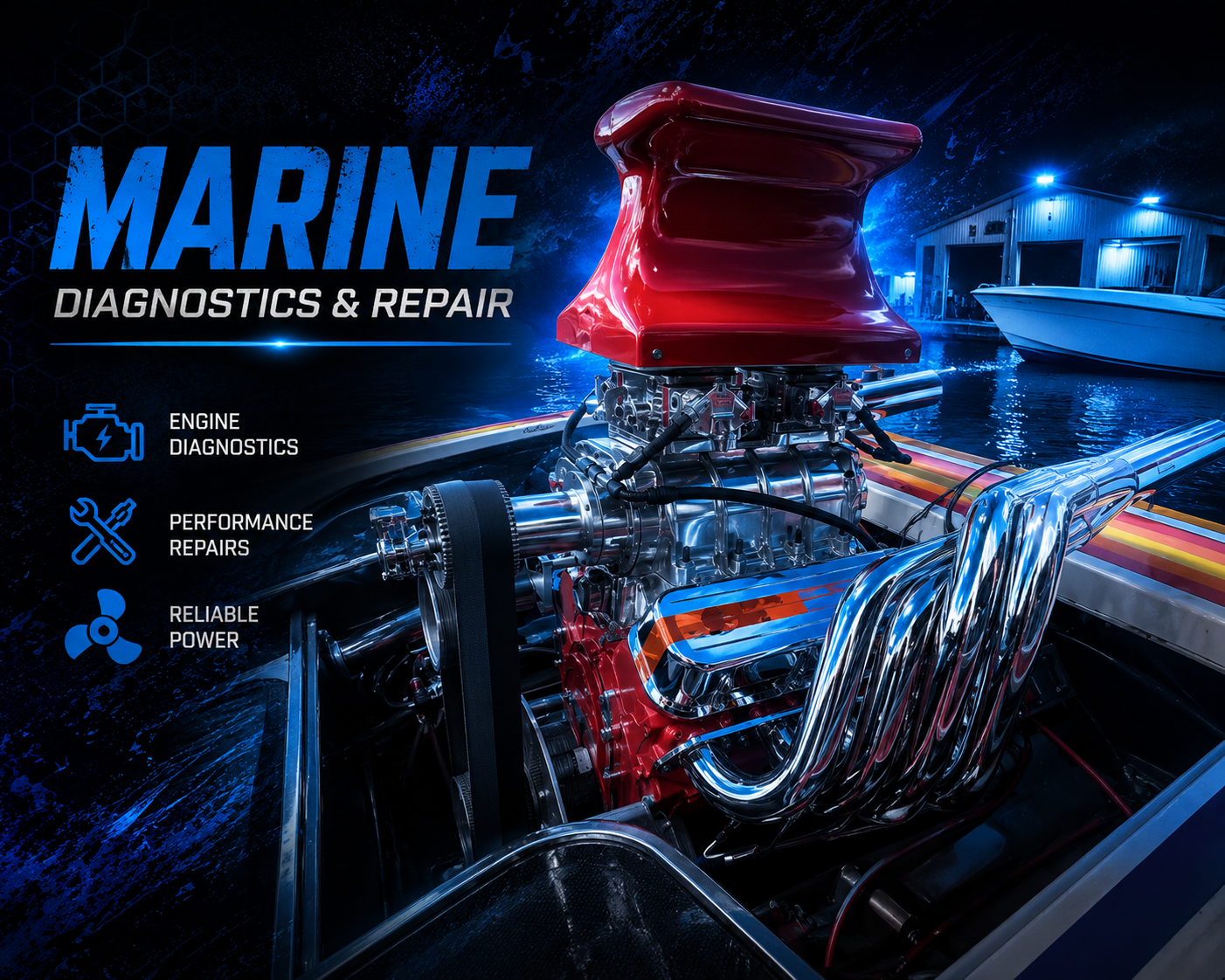 A racing car engine with chrome headers, a red supercharger, and a chrome valve cover, mounted on a race car at a track or garage area.