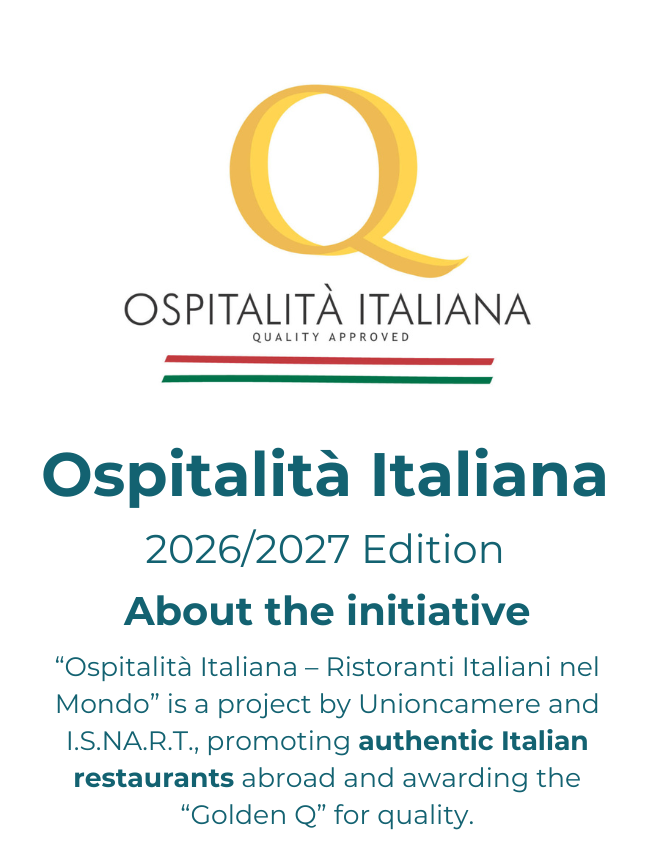 Cover page of a publication titled 'Ospitalità Italiana 2026/2027 Edition,' featuring a gold 'Q' logo, the Italian flag colors, and text detailing a project promoting authentic Italian restaurants worldwide.