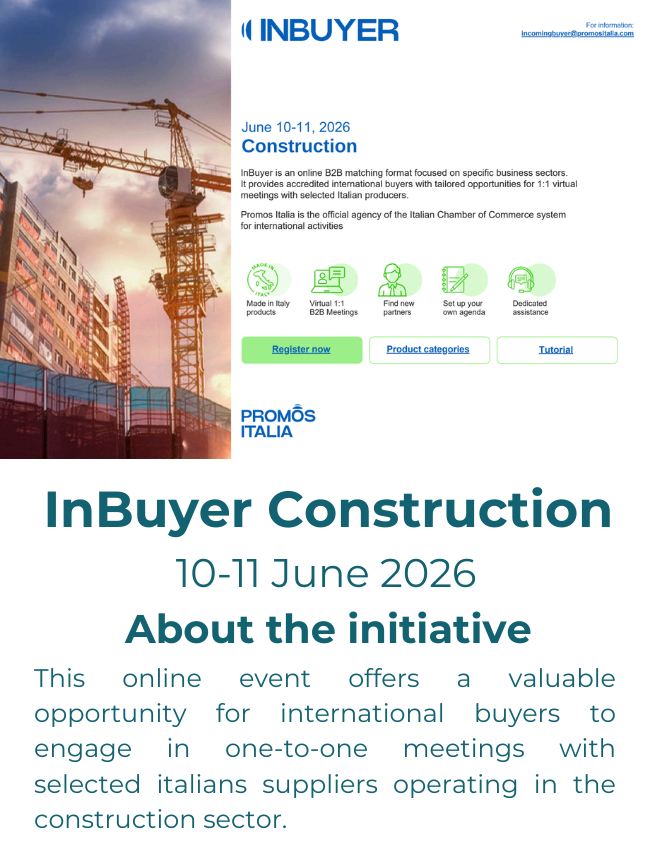 Event poster for InBuyer Construction, taking place June 10-11, 2026, featuring construction crane and buildings in the background, with information about the online B2B matching event, registration, and categories.