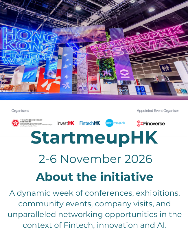 Digital signage at StartmeupHK event with neon signs saying Hong Kong Fintech Week and StartmeupHK Festival, and logos of organizers including InvestHK, FintechHK, startmeup.hk, and Finoverse.