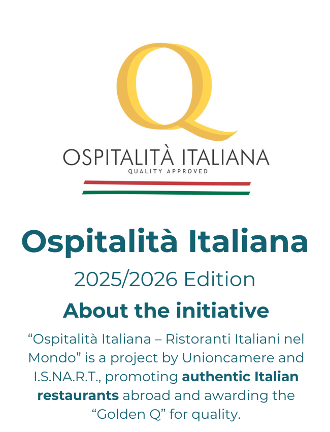 Cover page for the 2025/2026 edition of Ospitalità Italiana, featuring a gold letter Q and Italian flag colors, with information about the initiative promoting authentic Italian restaurants globally.