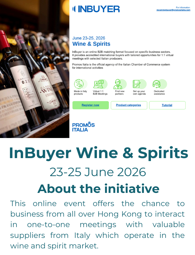 Promotion for InBuyer Wine & Spirits online event, June 23-25, 2026, featuring a background image of wine bottles on shelves and details about the event's purpose and registration.