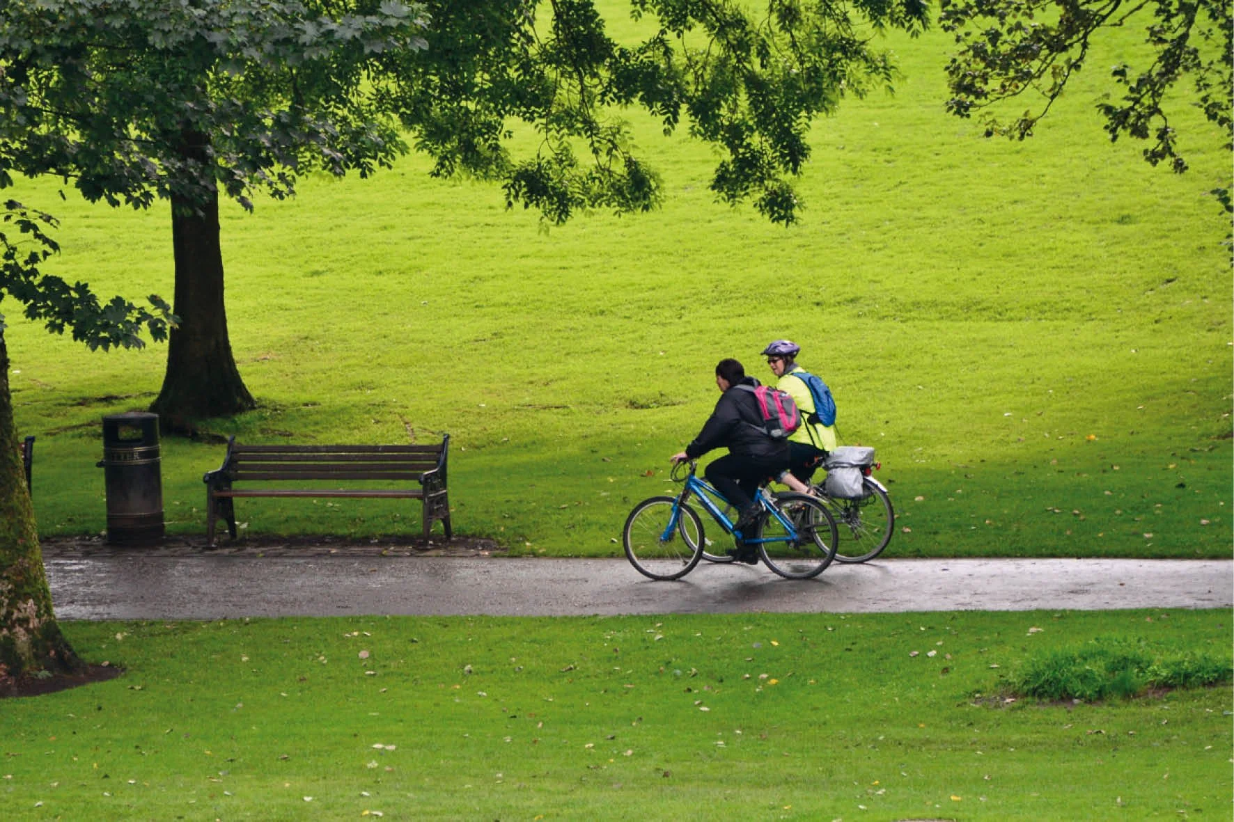 Two people riding bicycles in a park with green grass and trees.