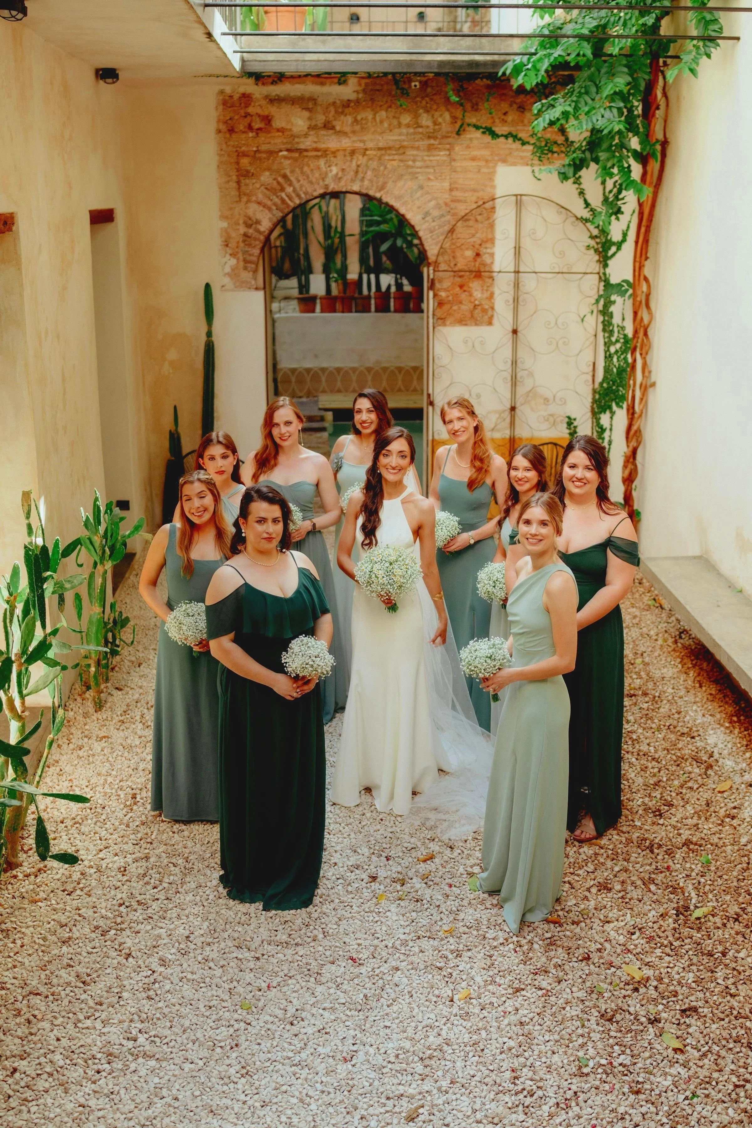 Wedding party in a colonial style courtyard