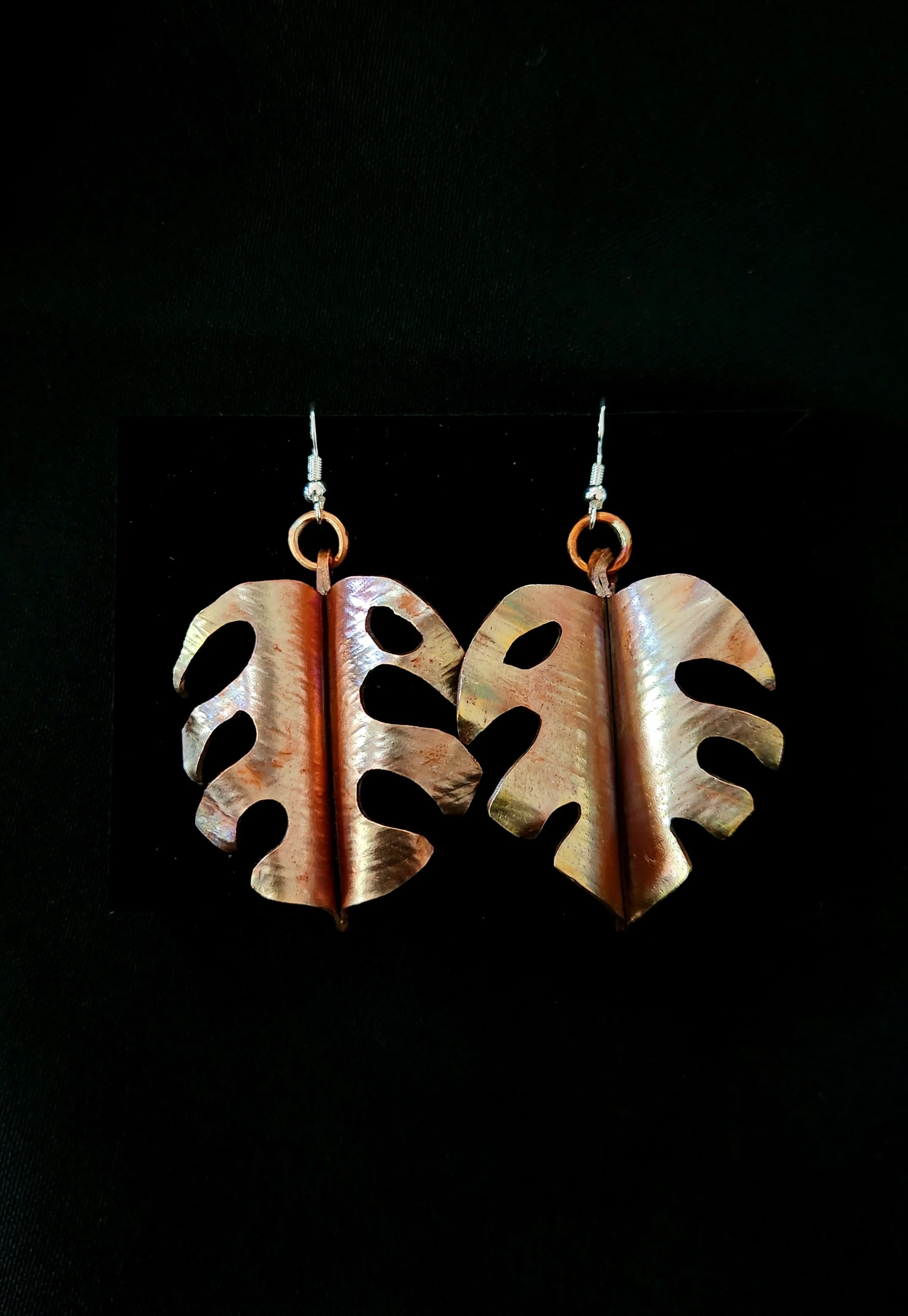 copper monstera leaf earrings