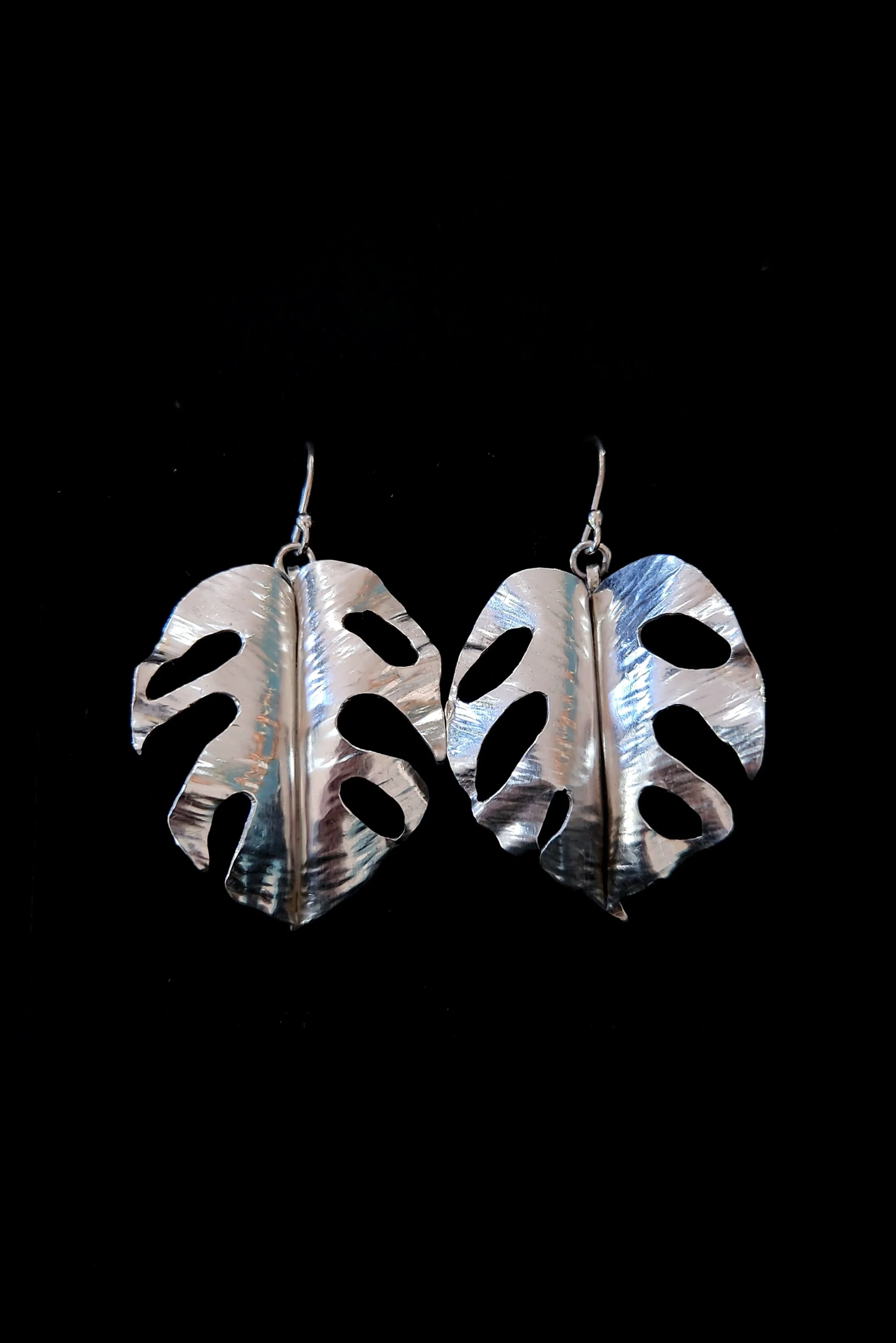 silver monstera leaf earrings