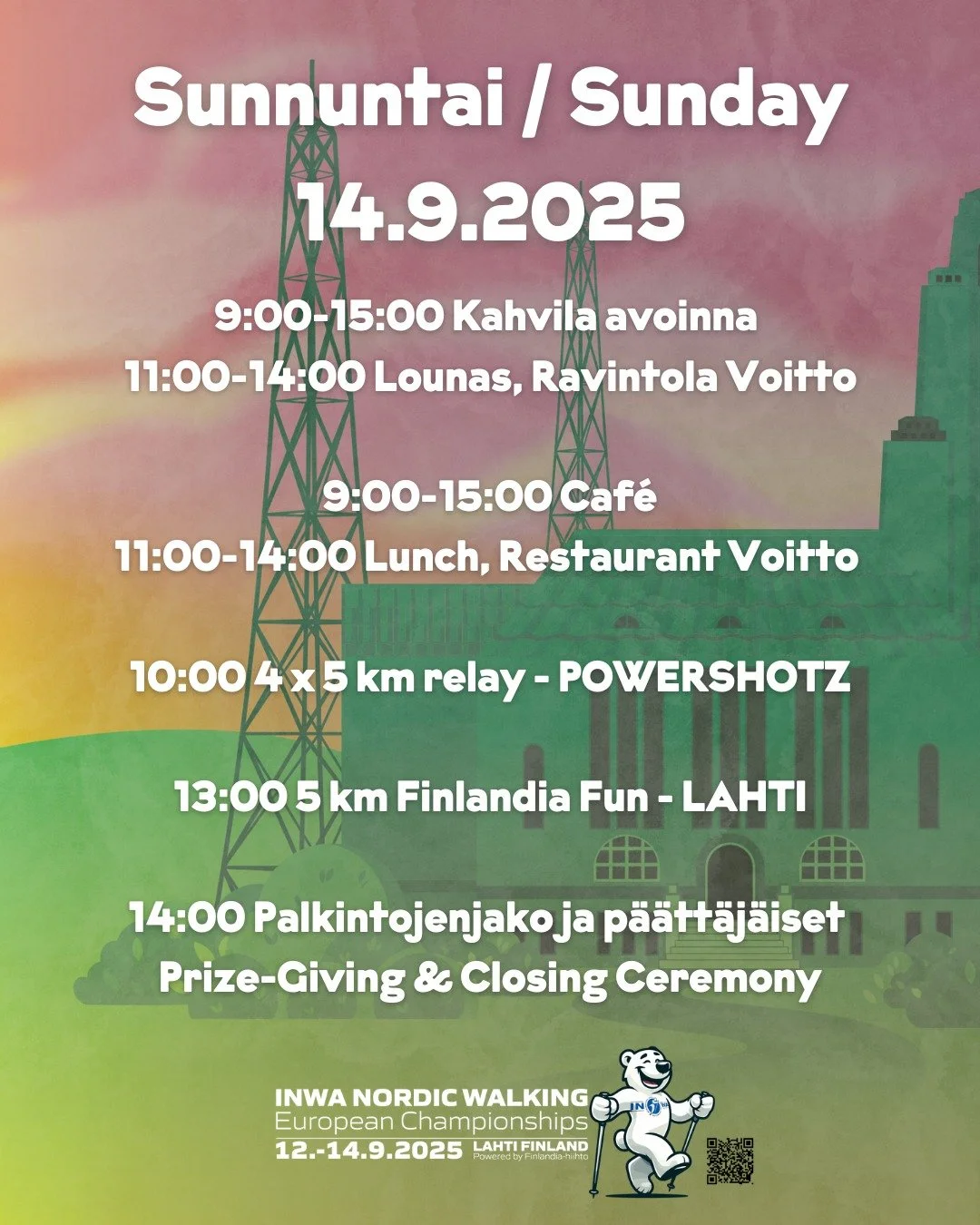 Viimeinen kisap&auml;iv&auml; starttaa nyt! 💪
Katso aikataulu kuvasta. 

T&auml;n&auml;&auml;n ohjelmassa:
4&times;5 km viesti 🤝 @powershotz.fi ⚡️
5 km Finlandia Fun 🤝 @cityoflahti 🎉

The final day starts now! 💪 
Today&rsquo;s races: 4&times;5k 