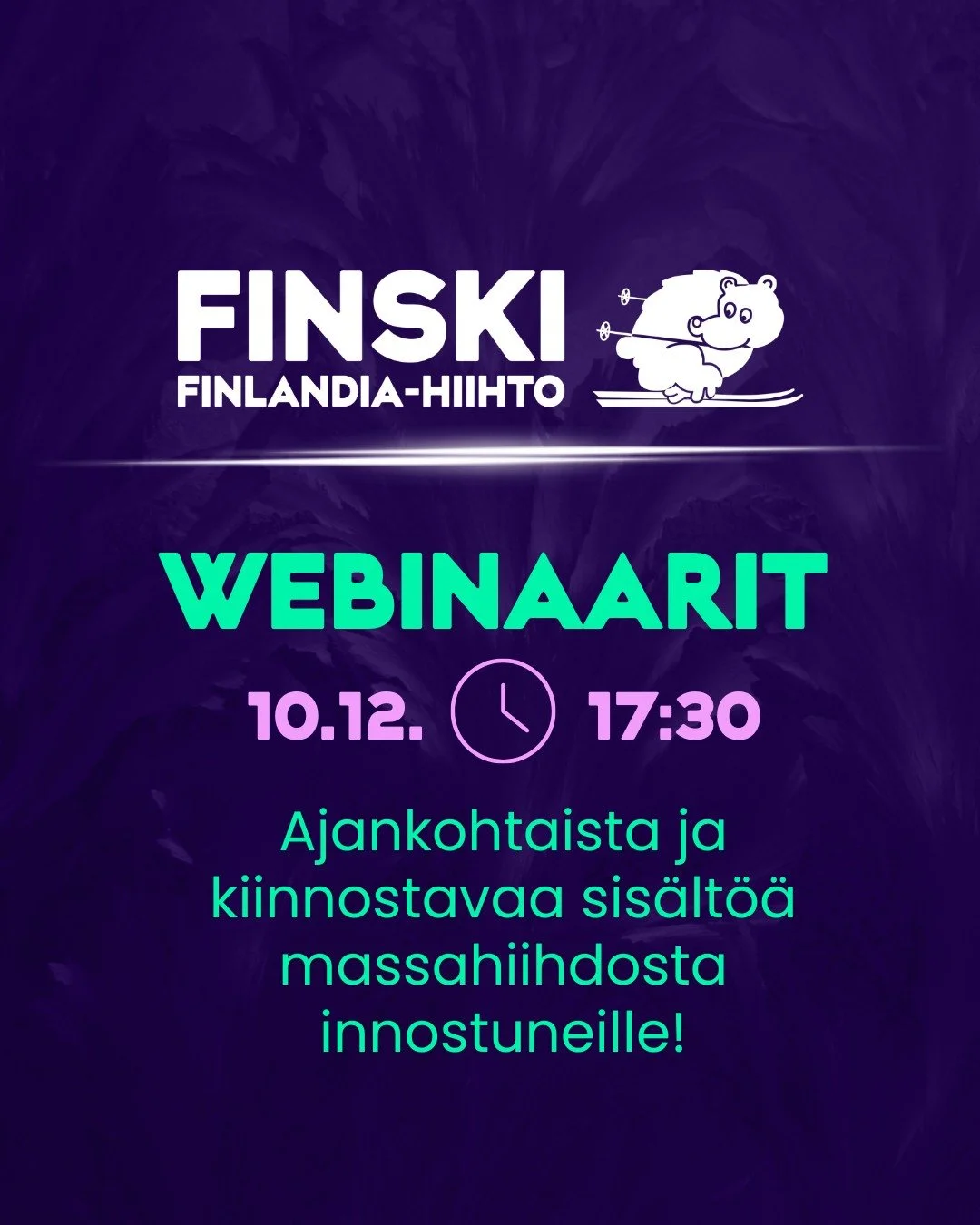 🎧 Linjat auki keskiviikkona 10.12. klo 17:30!

Seuraavassa webinaarissa 
🌏 Finlandia-hiihto osana Worldloppet ja Ski Classics Challengers -sarjoja
🔎 V&auml;lineiden valinta ja huolto pitk&auml;n matkan hiihtoon - asiantuntijana @hiihtocenter  @ans