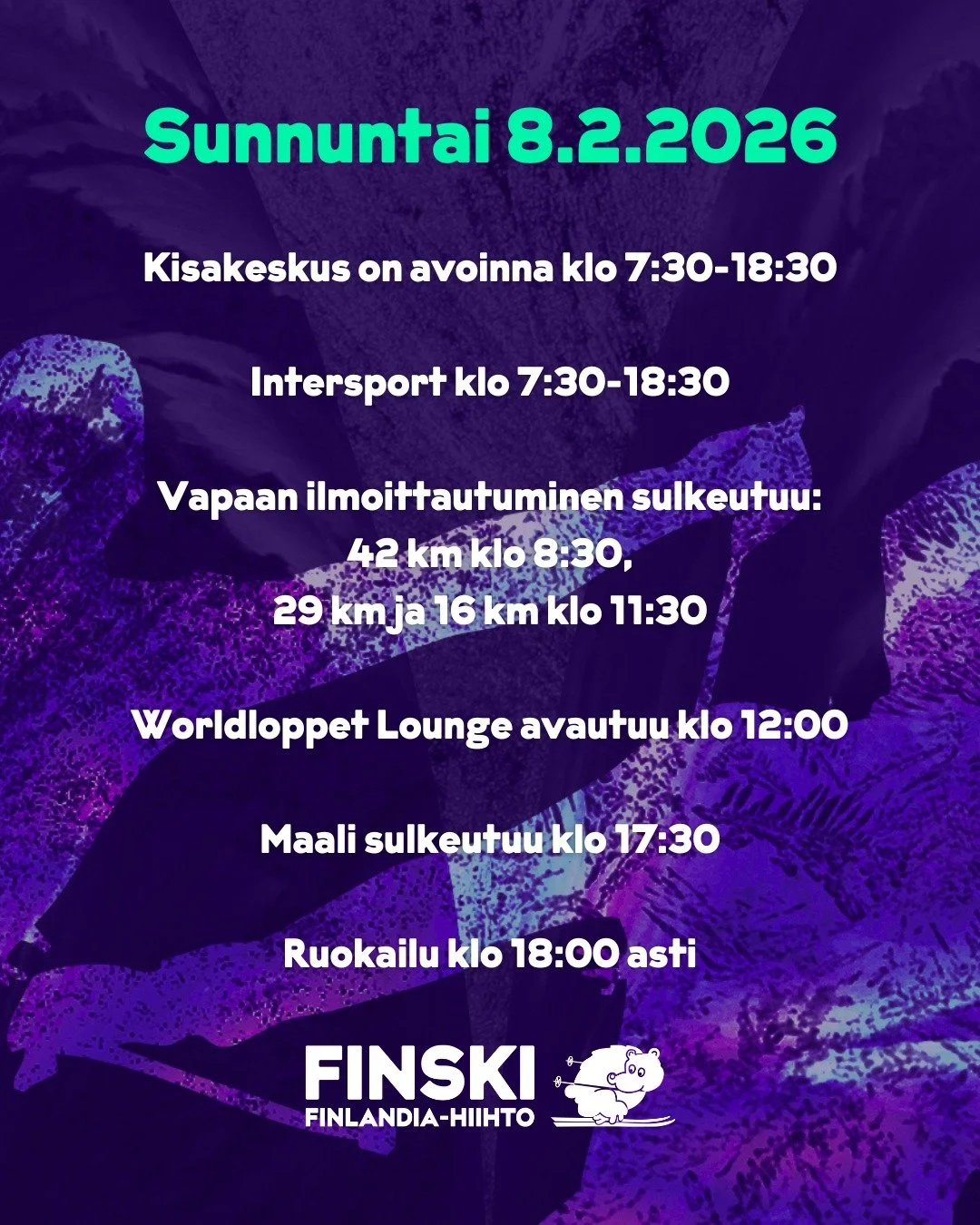Hyv&auml;&auml; huomenta! ☀️❄️

Toisen tapahtumap&auml;iv&auml;n aikataulu l&ouml;ytyy kuvasta 👆 Nauttikaa p&auml;iv&auml;st&auml; ja tsemppi&auml; ladulle! 🤩

Good Morning! ☀️❄️

The schedule for the second day of the event is available in the ima