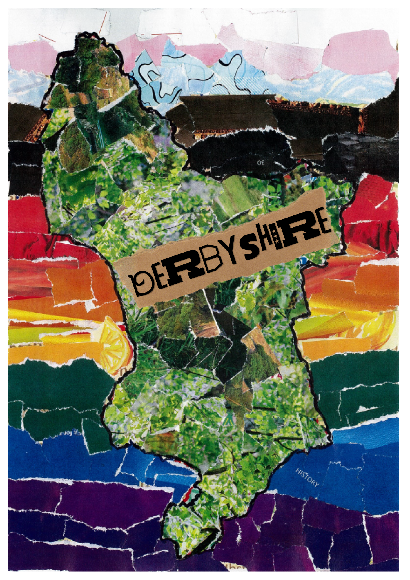 Map of Derbyshire made from torn coloured paper. Derbyshire is coloured various shades of green and it is surrounded by the colours of the pride flag. The word 'Derbyshire' appears in the middle of the map