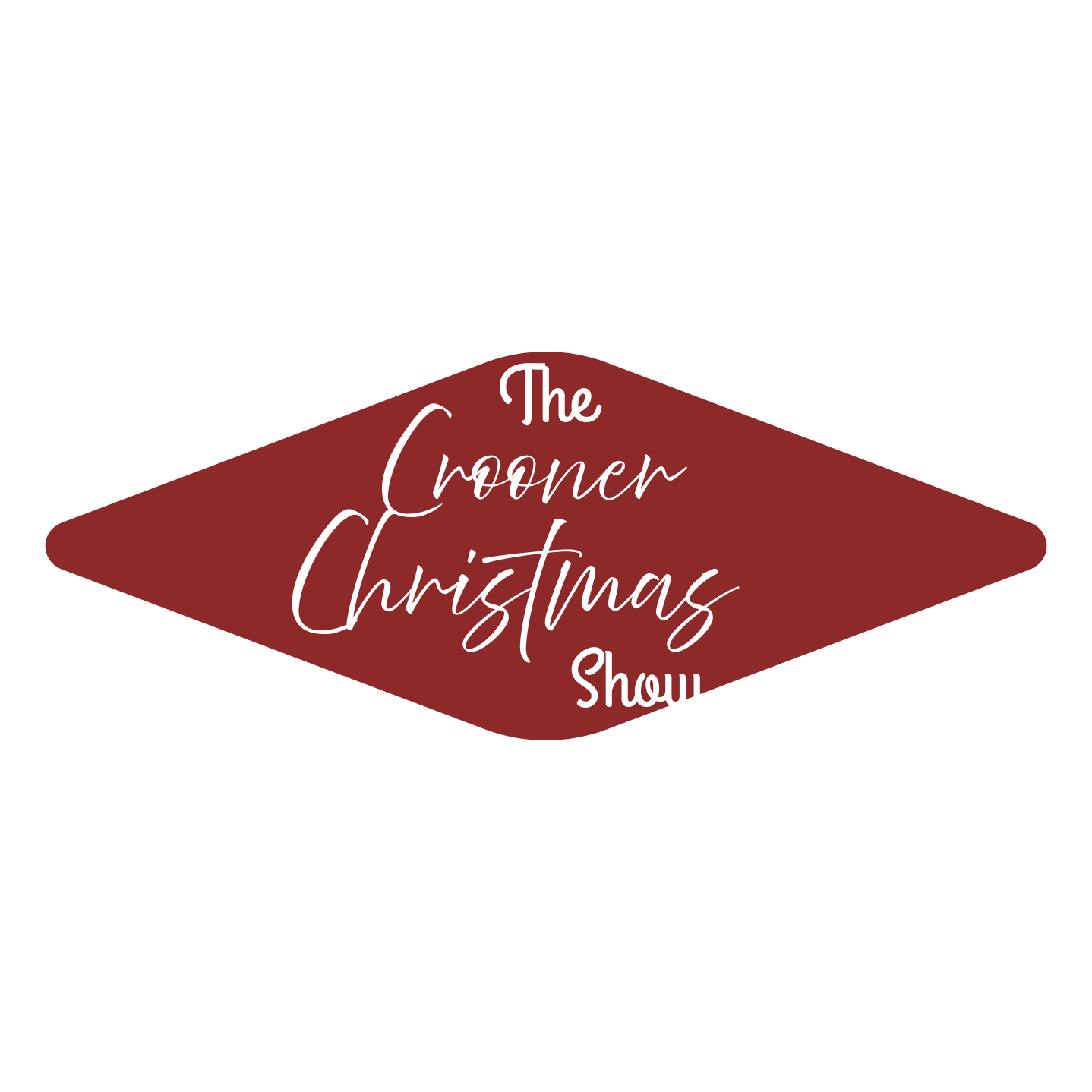 Logo for The Corner Christmas Show featuring a red diamond shape with white cursive text inside.