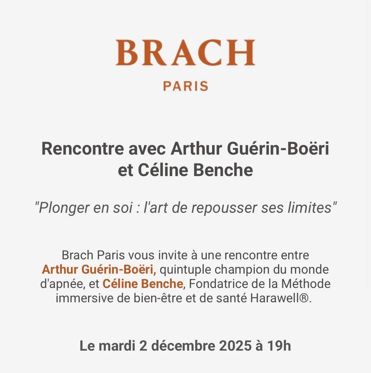 Masterclass @brachparis le 2 d&eacute;cembre 2025 &agrave; 19h. 

C&eacute;line Benche, Fondatrice de la M&eacute;thode de sant&eacute; et de bien &ecirc;tre Harawell recevra  en invit&eacute; @arthurguerinboeri quintuple champion du monde d&rsquo;ap
