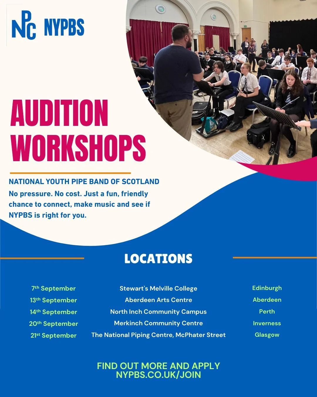 Our last workshop is in Glasgow at our McPhater Street venue on the 21st of September 🎶 

We will be hosting the audition workshop where we have the NYPBS rehearsals, so you can get a great feel of what the year will be like!

Our application deadli