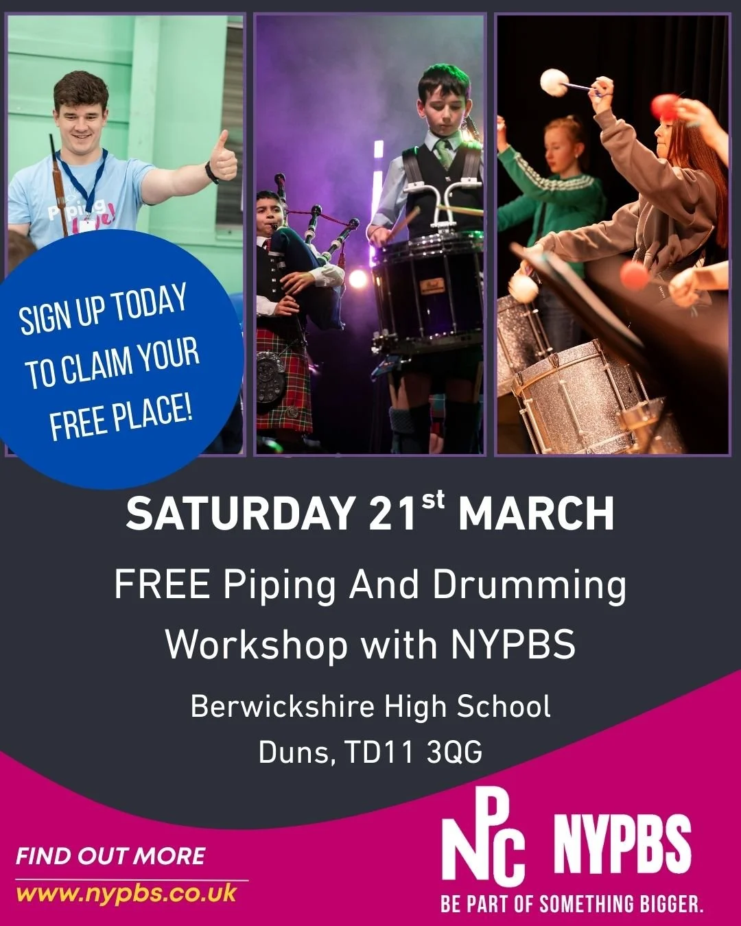 We&rsquo;re Bringing the NYPBS Experience to Berwickshire on the 21st of March! 

We&rsquo;ll be working out of the Berwickshire High School in Duns and bringing a team of tutors to deliver a day of fun music-making workshops for Pipers and Drummers 