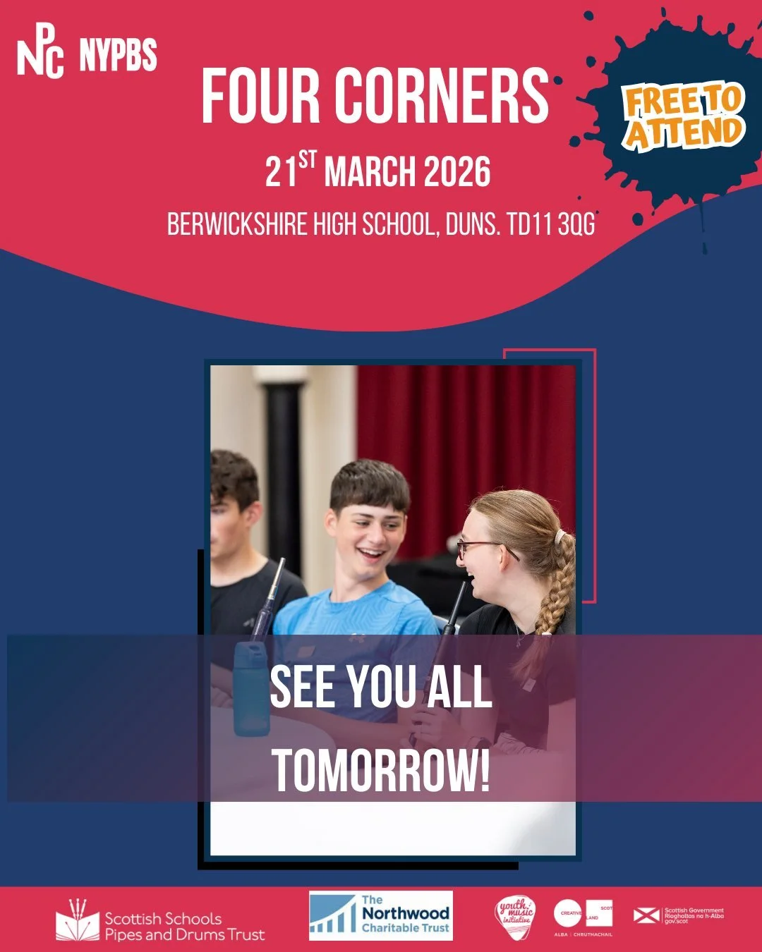 Our free Four Corners Workshop is tomorrow!

It's your last chance to sign up via the link in our bio, don't miss out! 

A huge thanks to The Northwood Charitable Trust for funding this workshop.

See you all soon 🎶😊🥁

#Piping #Drumming #Workshops