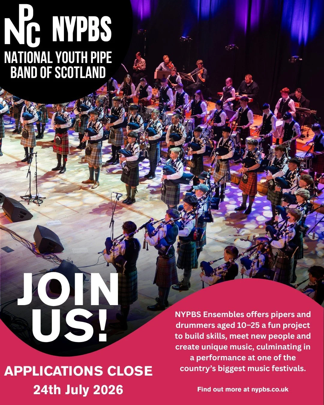 Ready to take your playing to the next level? 🎶

Auditions for the National Youth Pipe Band of Scotland are now open!

This year brings some of our most exciting updates yet, including a new schedule to avoid the summer competition season, and a mas
