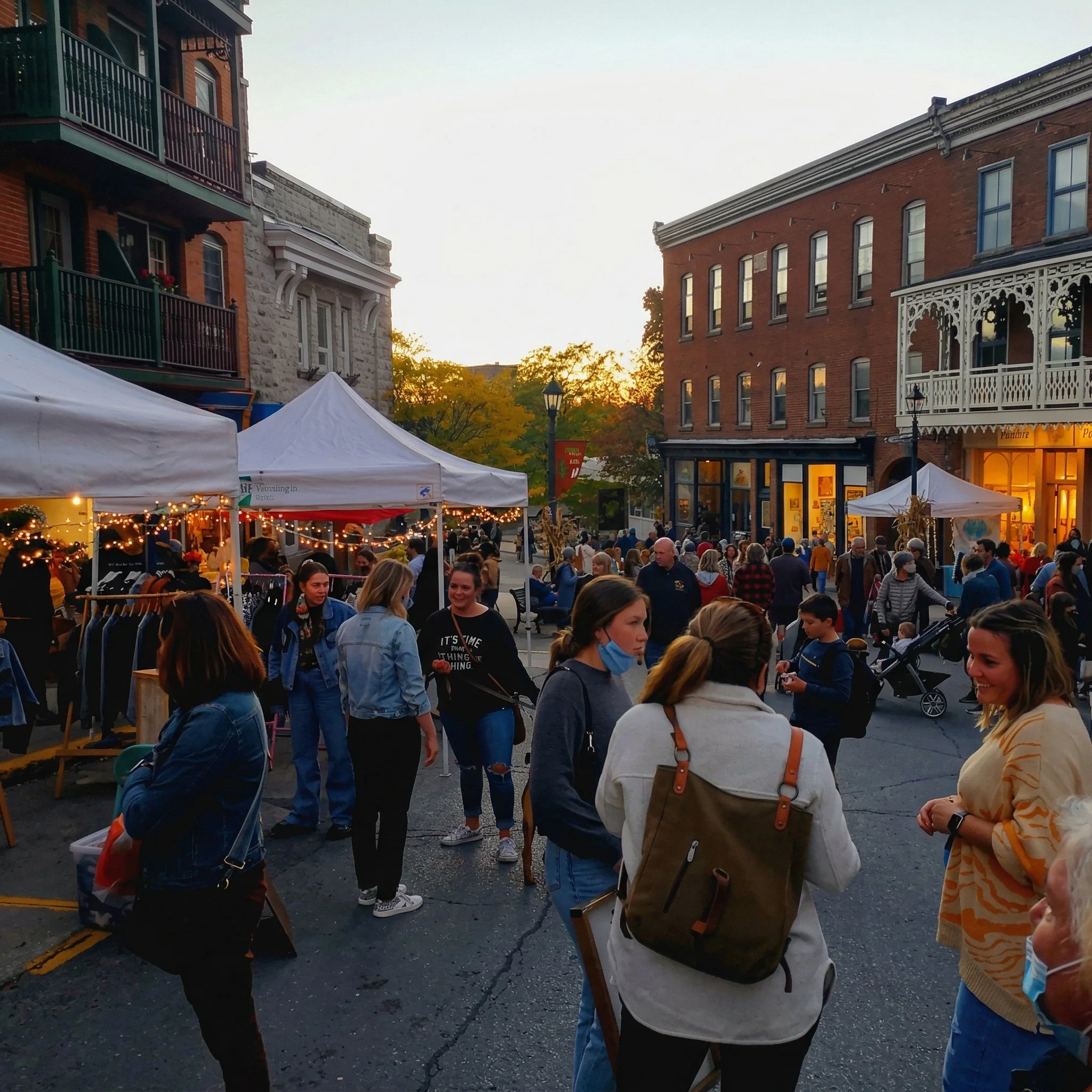 A crowded outdoor street scene during sunset with people walking and shopping at tents and storefronts, including buildings with brick and stone facades and decorative balconies, trees with fall foliage, and string lights.