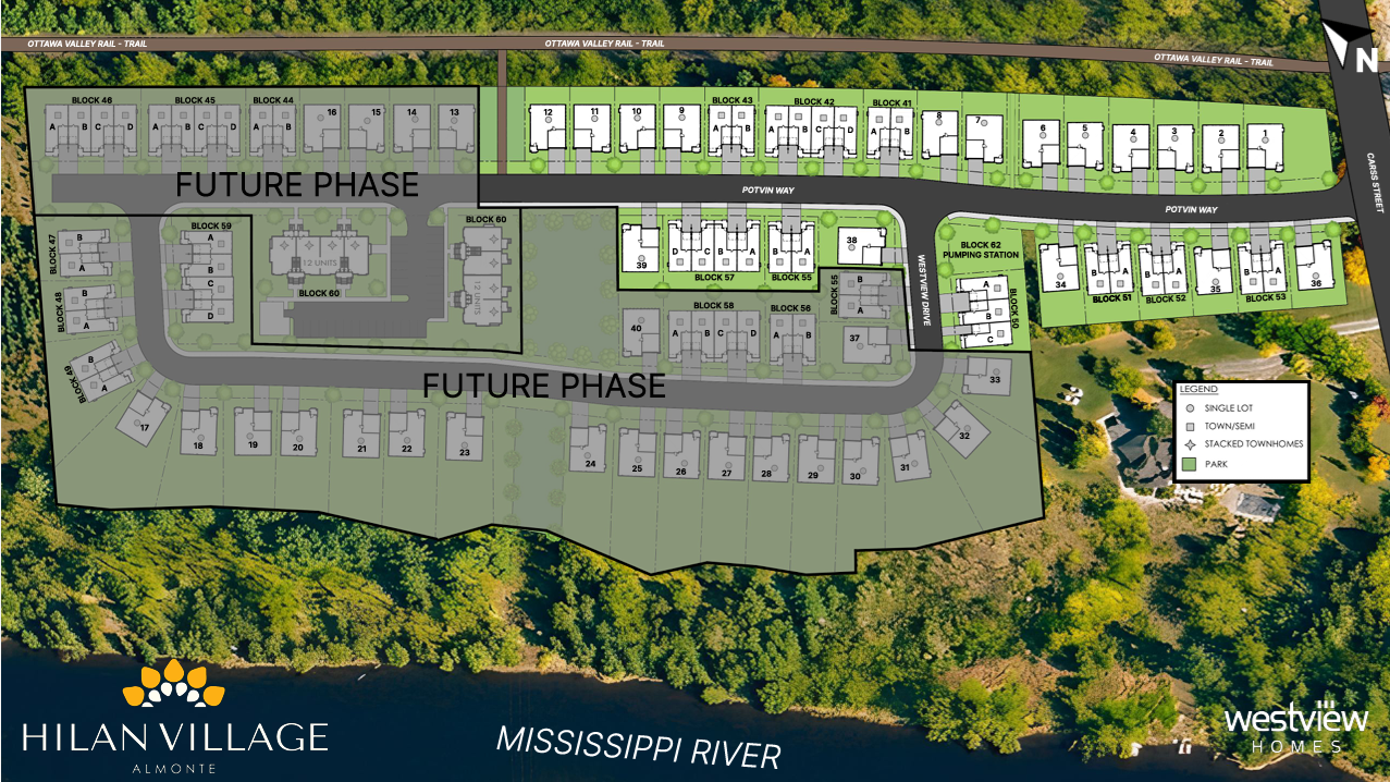 Site map of Hilan Village residential community along Mississippi River showing various block layouts, future phases, parks, a pumping station, and a trail along the top.