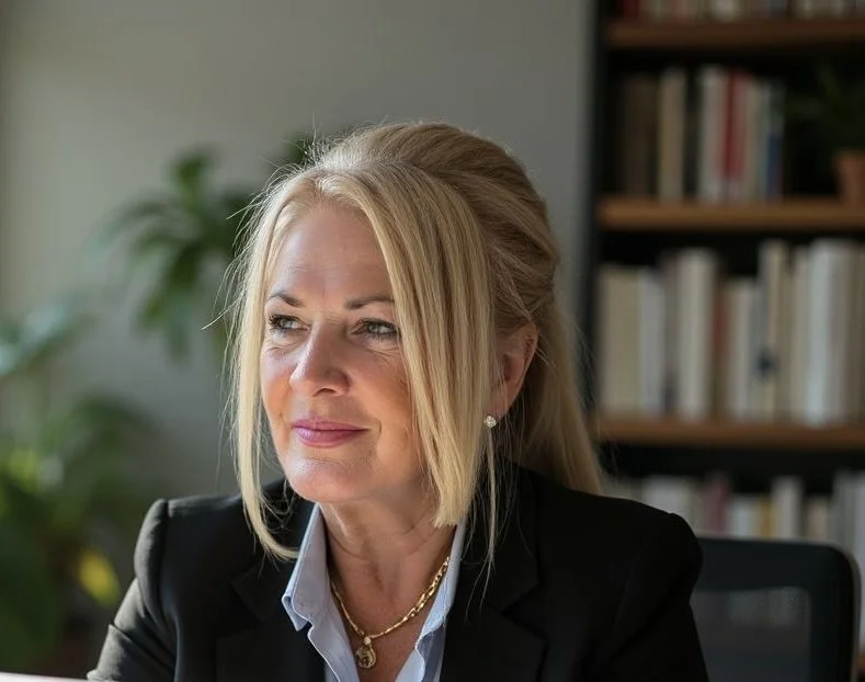 A middle-aged woman with blonde hair, wearing a black blazer and gold jewelry, sitting in an office with a bookshelf in the background.
