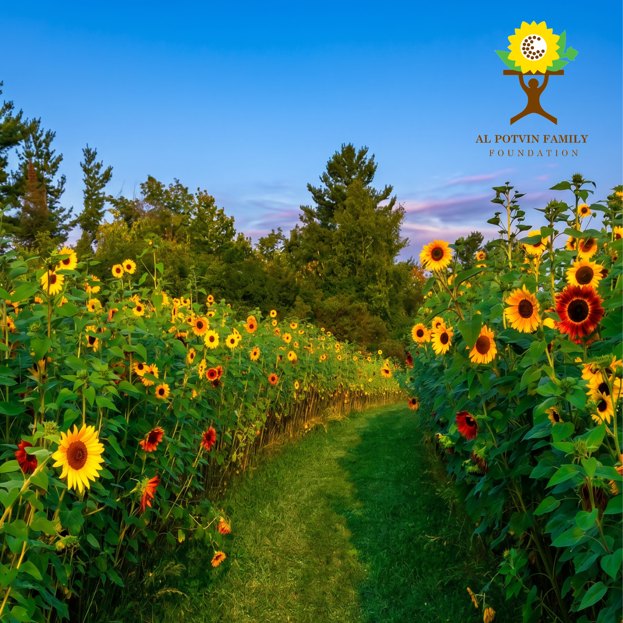 A garden with bright yellow and red sunflowers along a grassy path, surrounded by greenery and trees under a clear blue sky with some pink clouds.