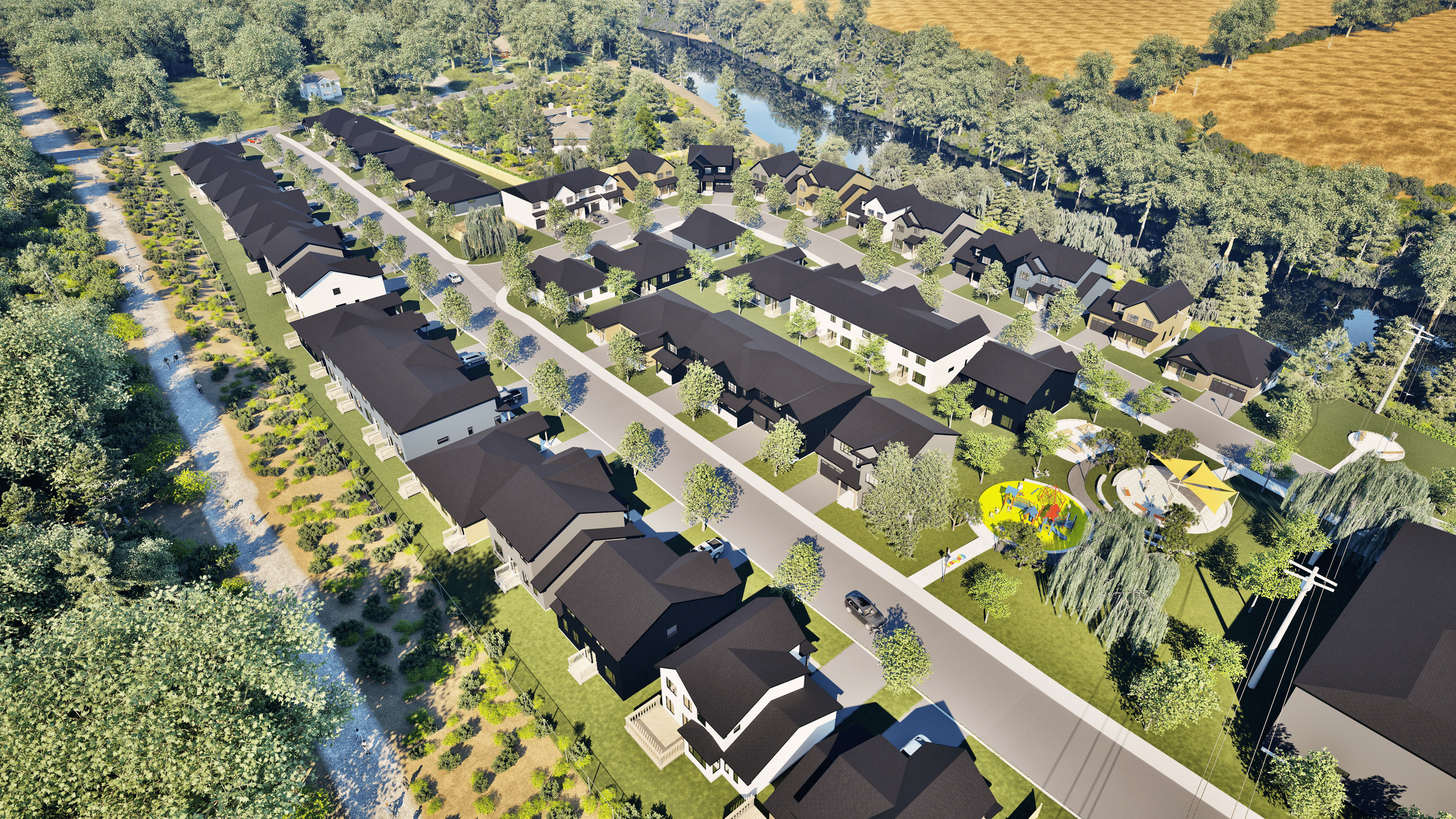 Aerial view of a residential neighborhood with modern houses, tree-lined streets, a small playground, and a water body surrounded by greenery.