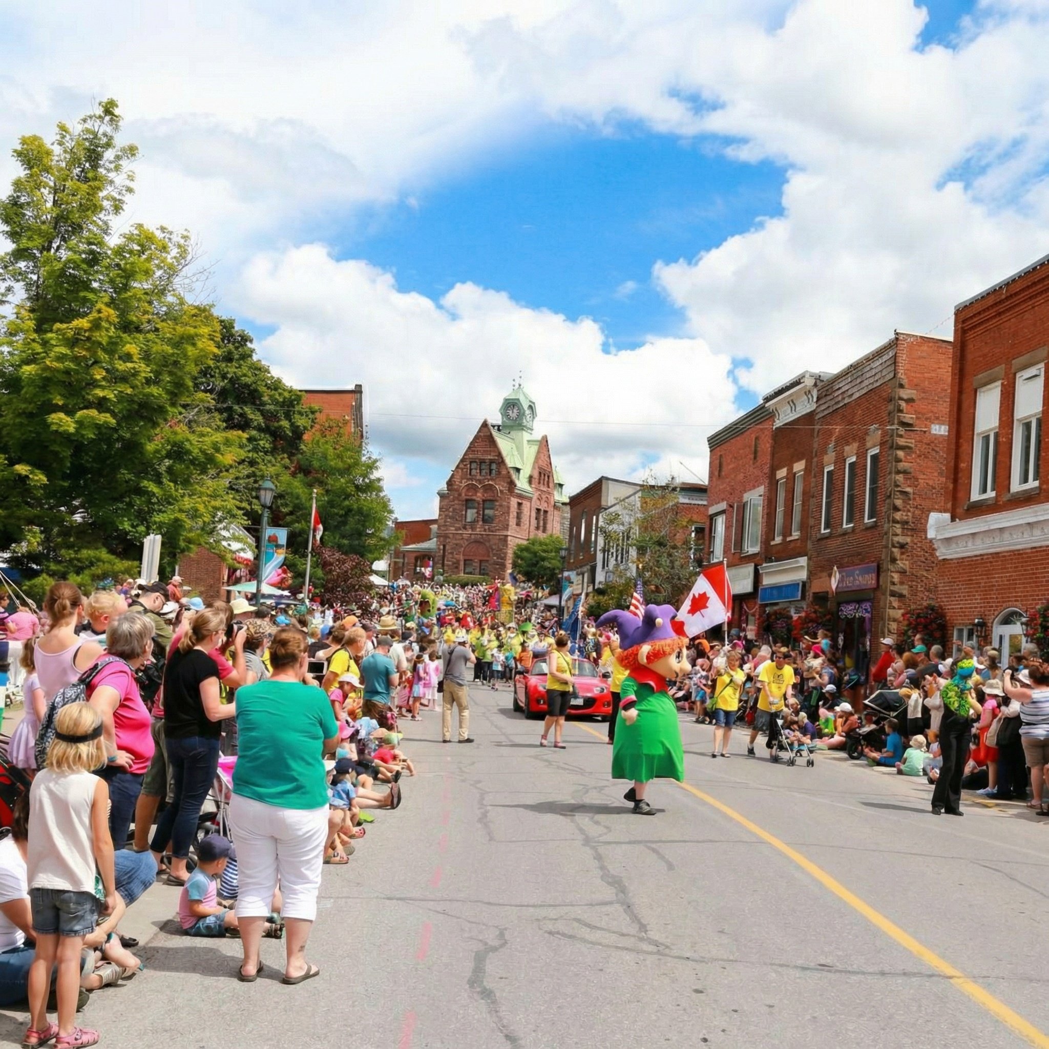 Large crowd of people gathered along the street, watching a parade with a cheerful mascot in costume. Buildings and tents line the street, with flags and banners present. Bright weather with a partly cloudy sky.
