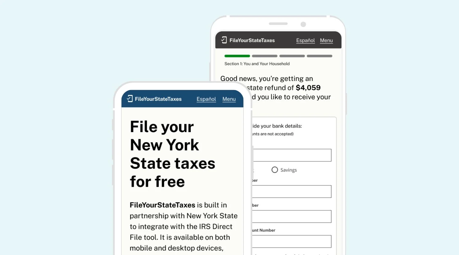 Two smartphones displaying the FileYourStateTaxes website, one in Spanish and the other in English, promoting free state tax filing in New York.