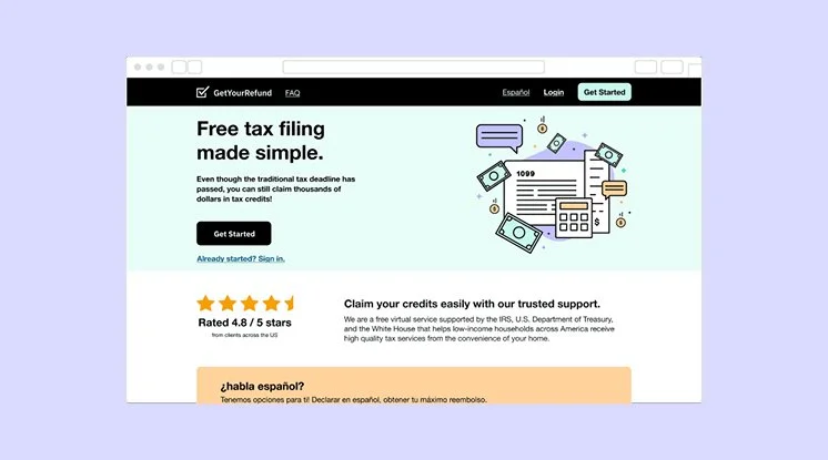 Screenshot of a website offering free tax filing services, featuring a headline, a button labeled 'Get Started', an illustration of money and tax documents, and banners with information about customer support and language options.