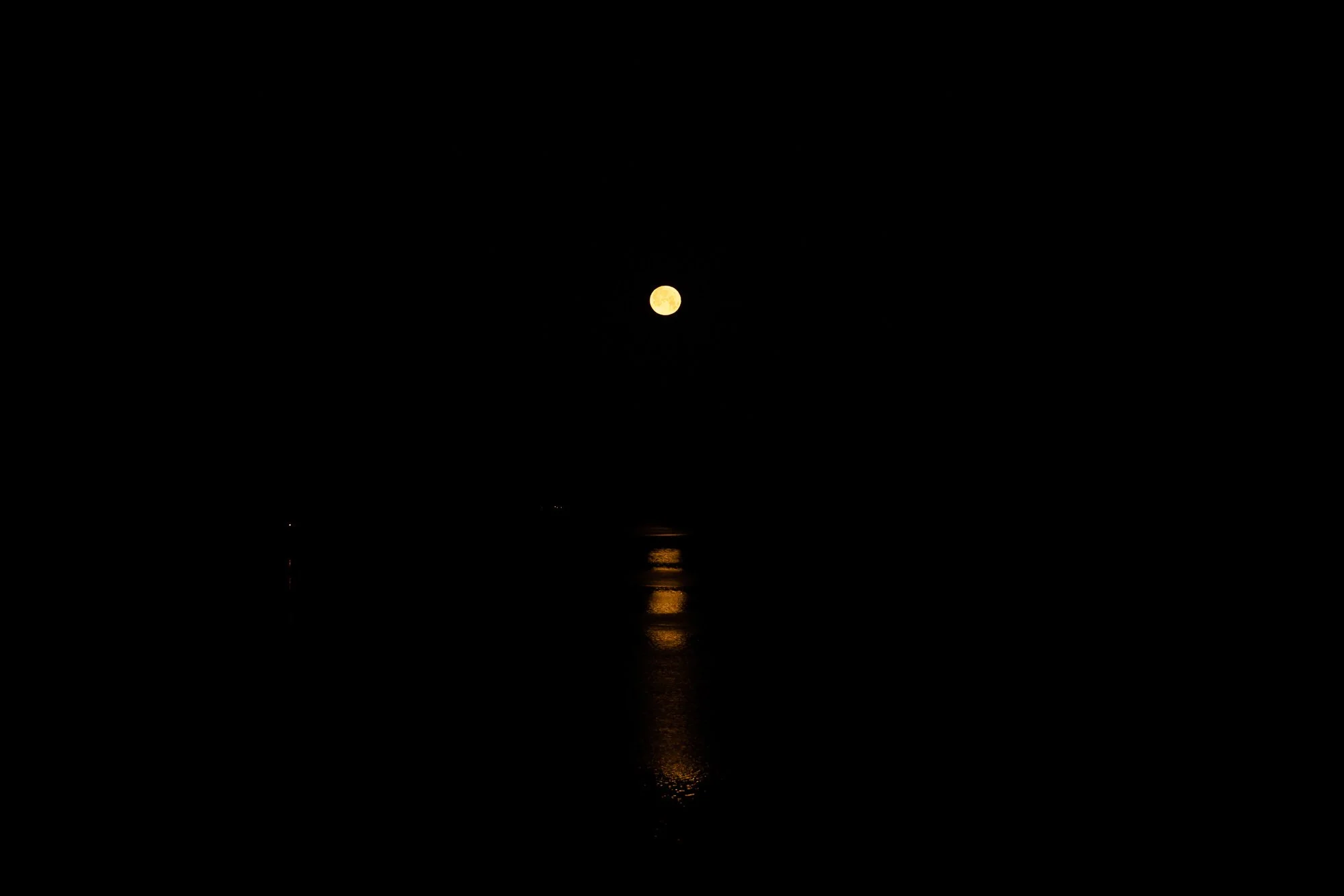 Nighttime scene showing a bright full moon over the ocean, with reflections on the water's surface and silhouettes of trees or land in the distance. Located on Lake Pocotopaug in East Hampton, CT.