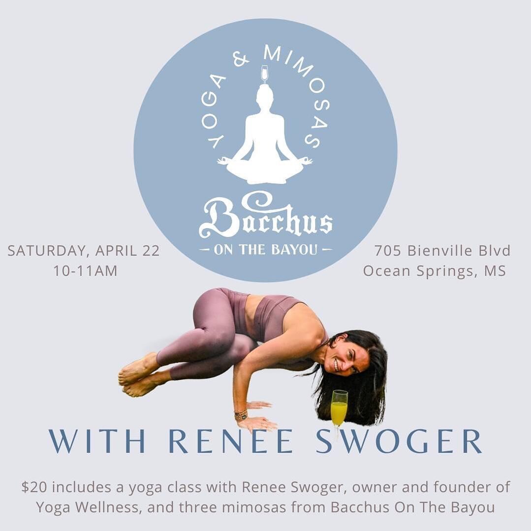 Join me @bacchusonthebayou in Ocean Springs on Saturday April 22nd at 10am for an all-levels vinyasa flow with mimosas! We&rsquo;ll be outside on the soft turf grass overlooking the beautiful bayou! Bring your mat! 🙏✨